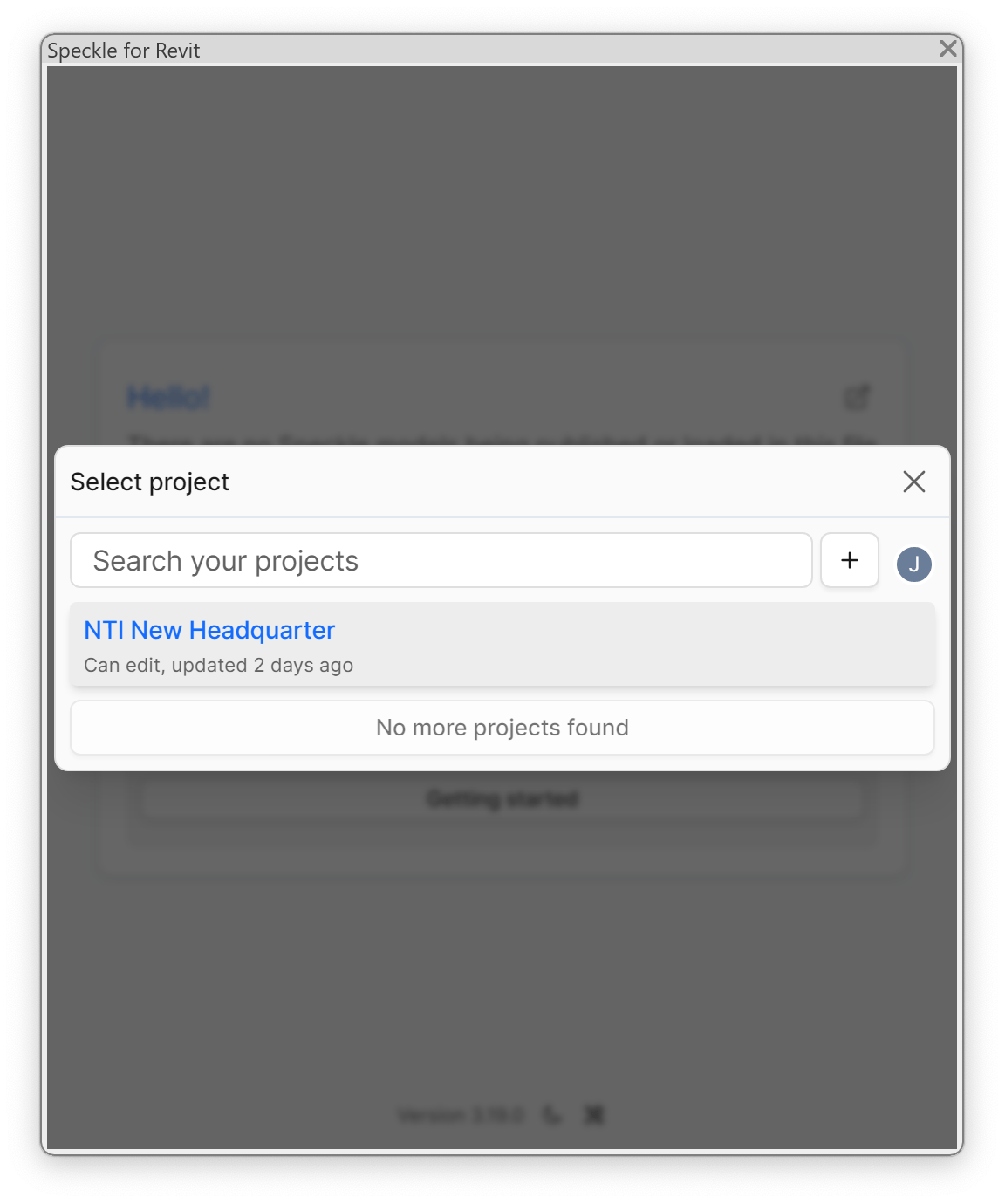 Select project dialog listing NTI New Headquarter as a project the user can edit.