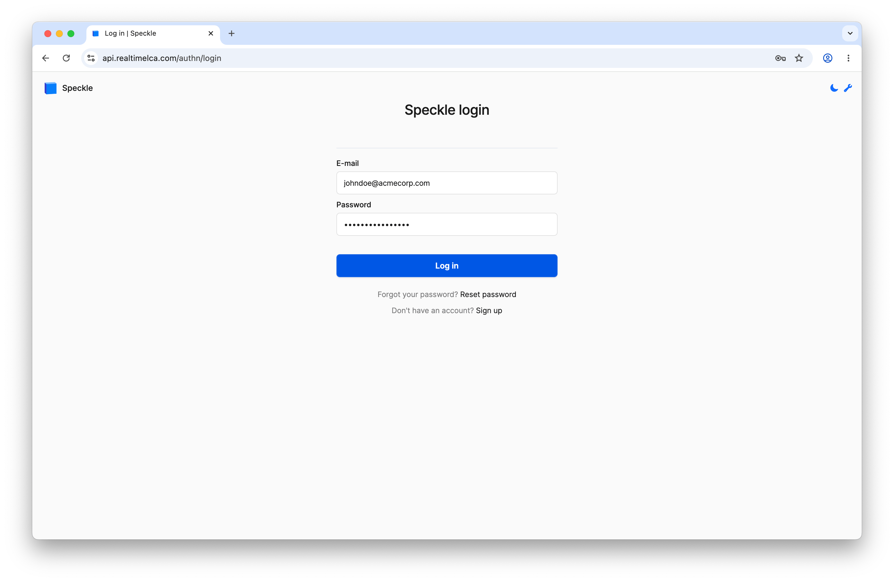 Speckle login page at api.realtimelca.com asking for E-mail and Password.