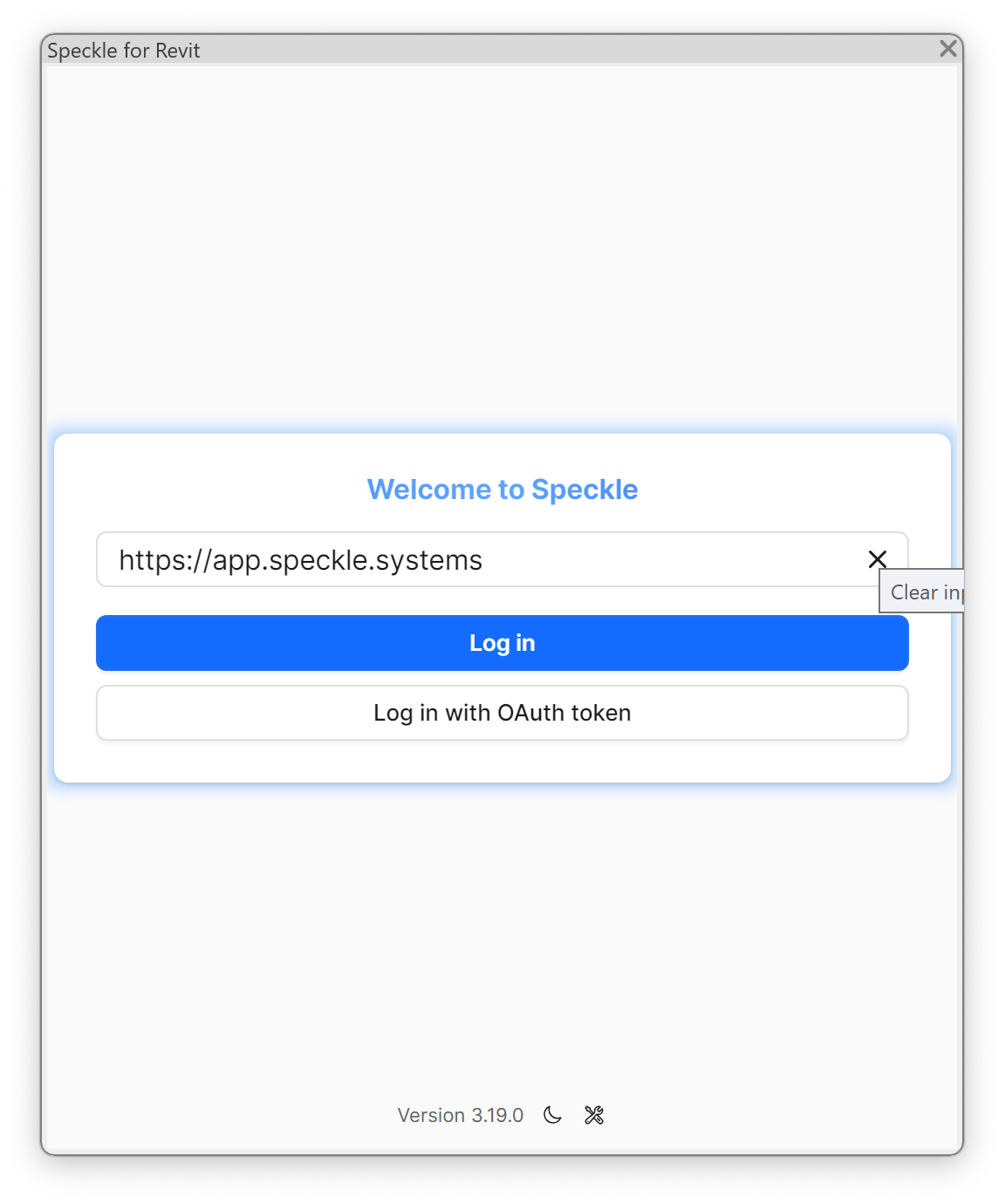 Speckle for Revit welcome dialog with https://app.speckle.systems in the server URL field.