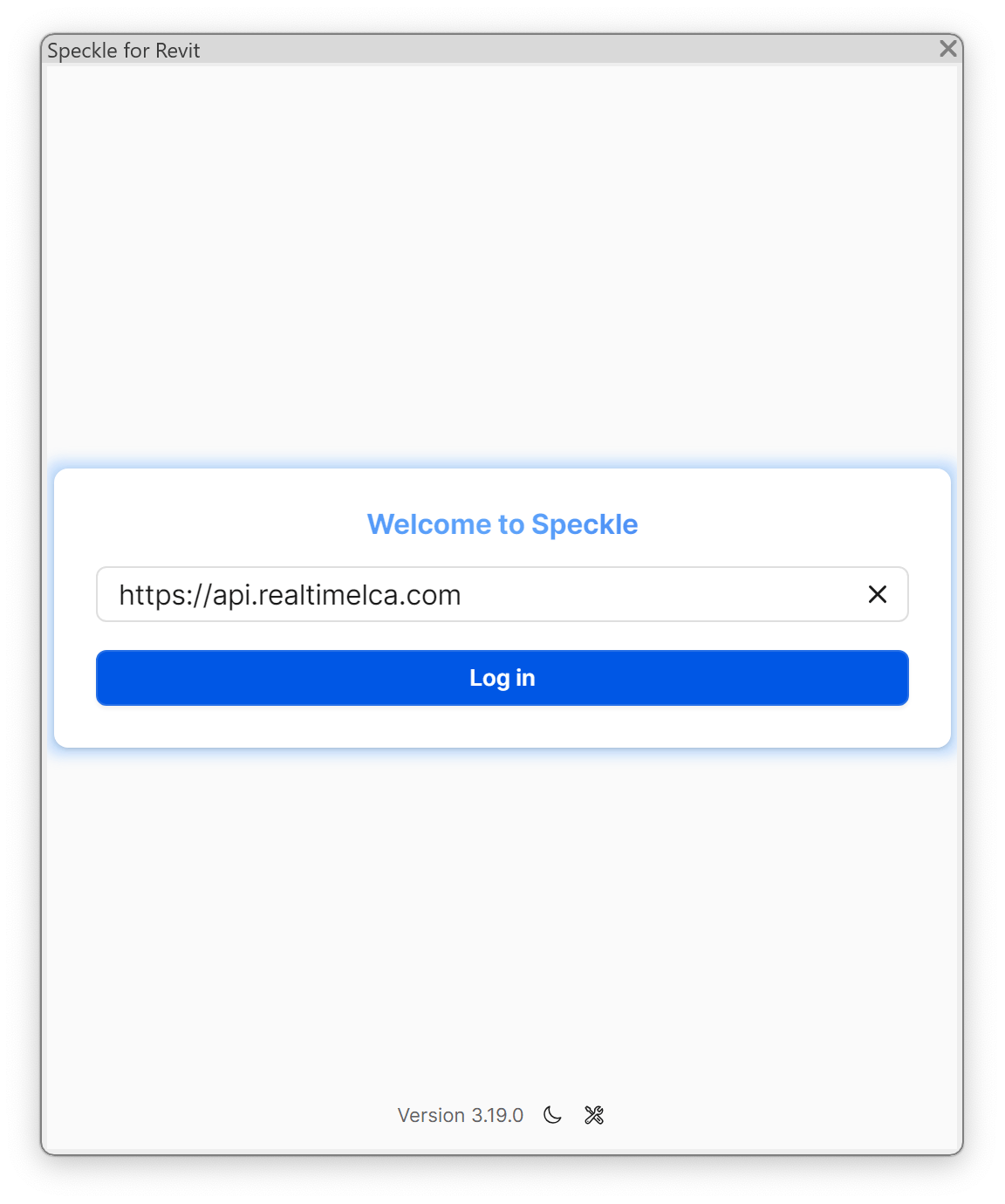Welcome dialog with https://api.realtimelca.com entered in the server URL field.