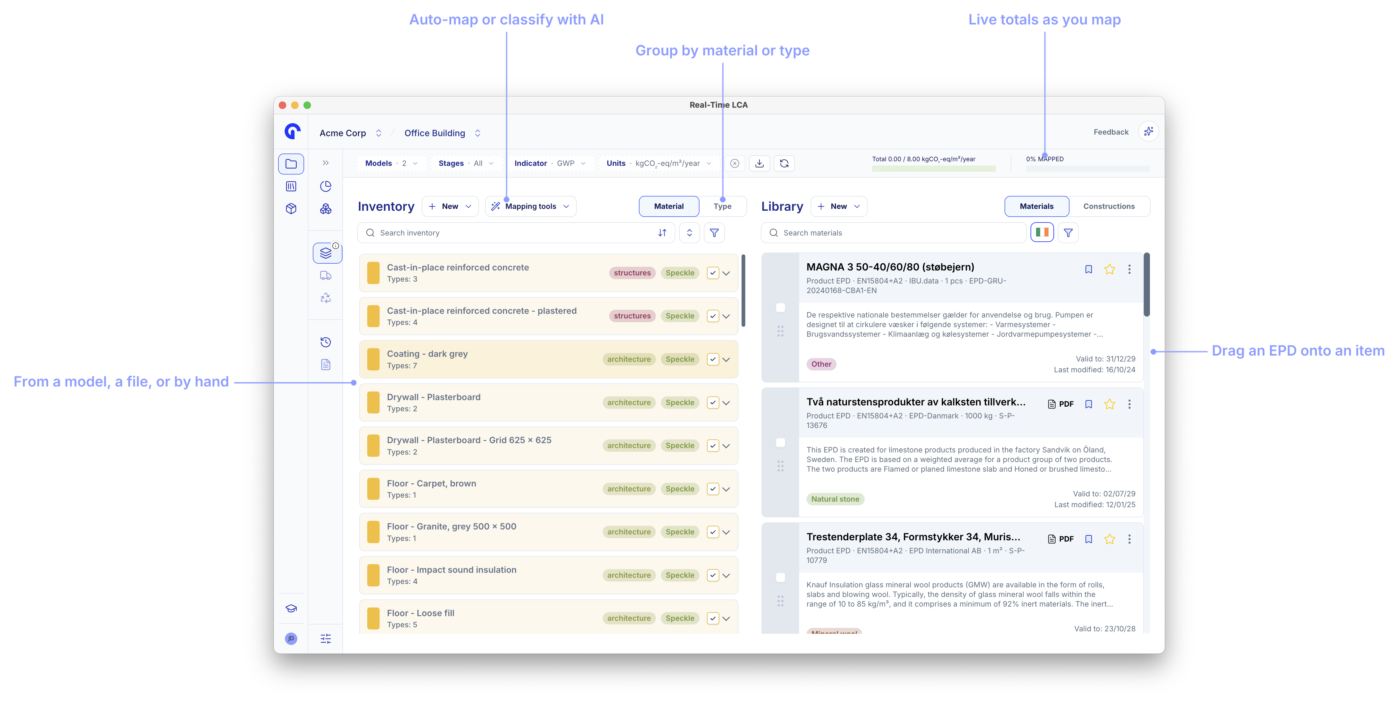 Material mapping page with callouts for the mapping tools menu, the material and type grouping toggle, the live totals, the inventory, and the library.