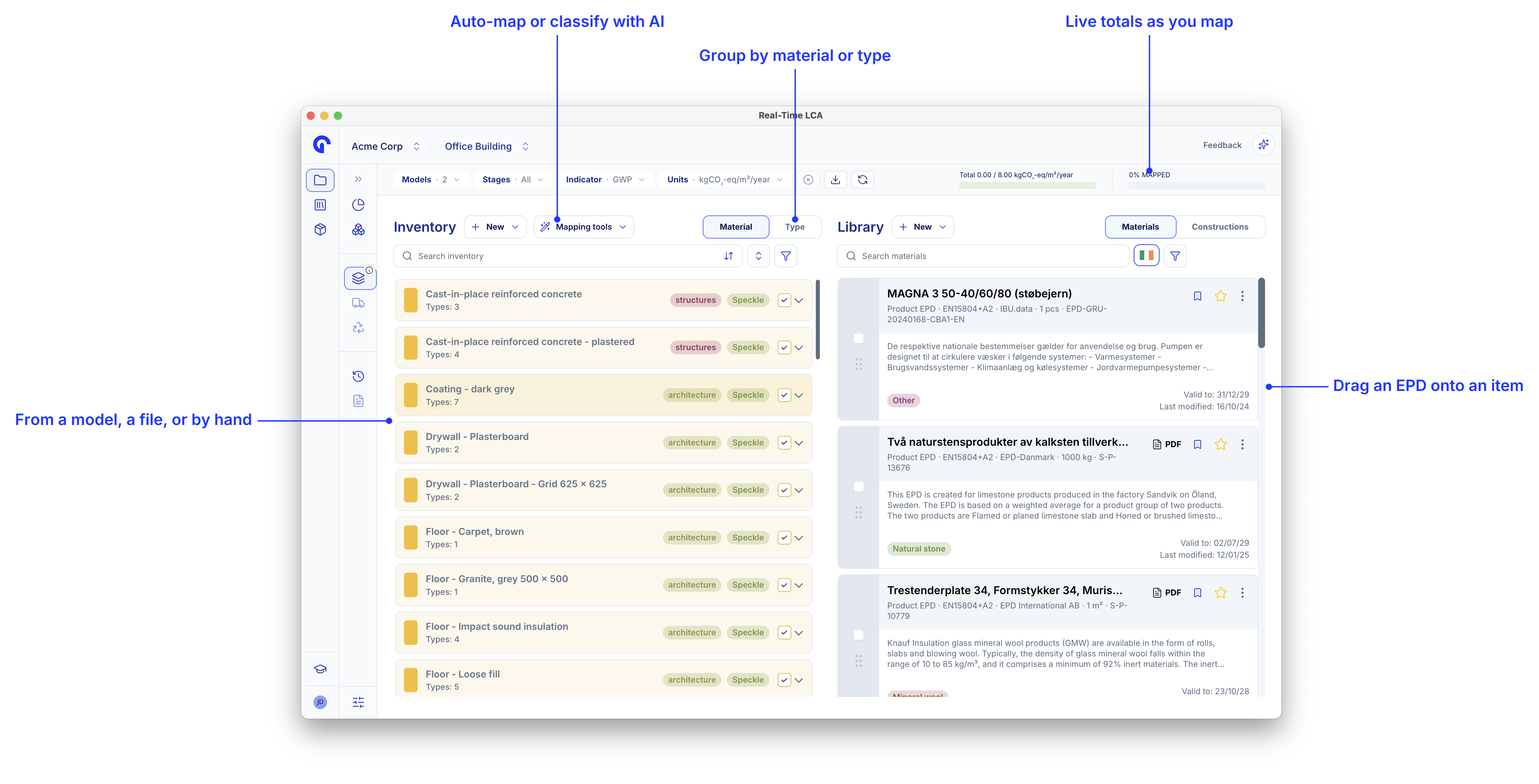 Material mapping page with callouts for the mapping tools menu, the material and type grouping toggle, the live totals, the inventory, and the library.