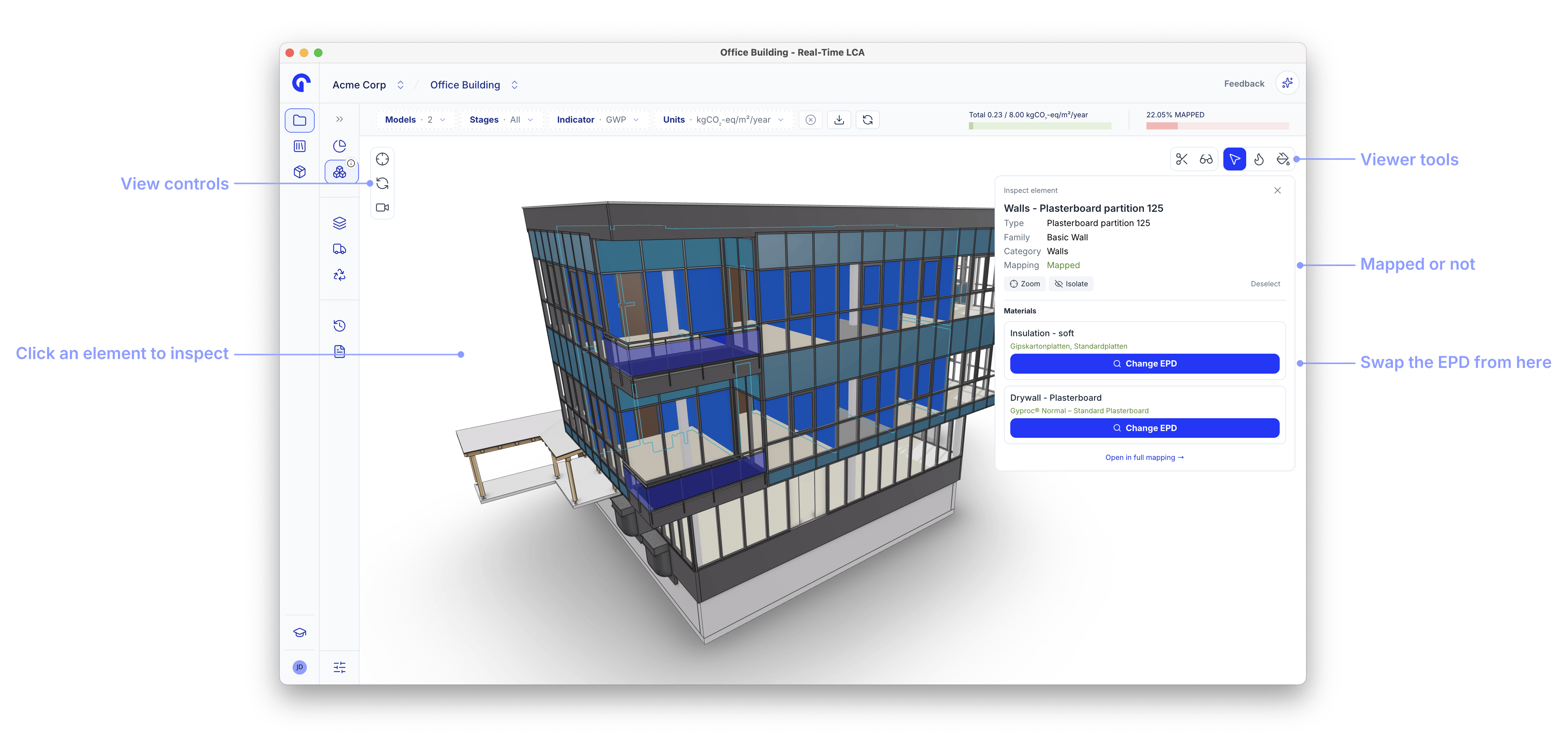Model viewer with callouts for the view controls, element selection, the viewer tools, the mapping status, and the change EPD action.