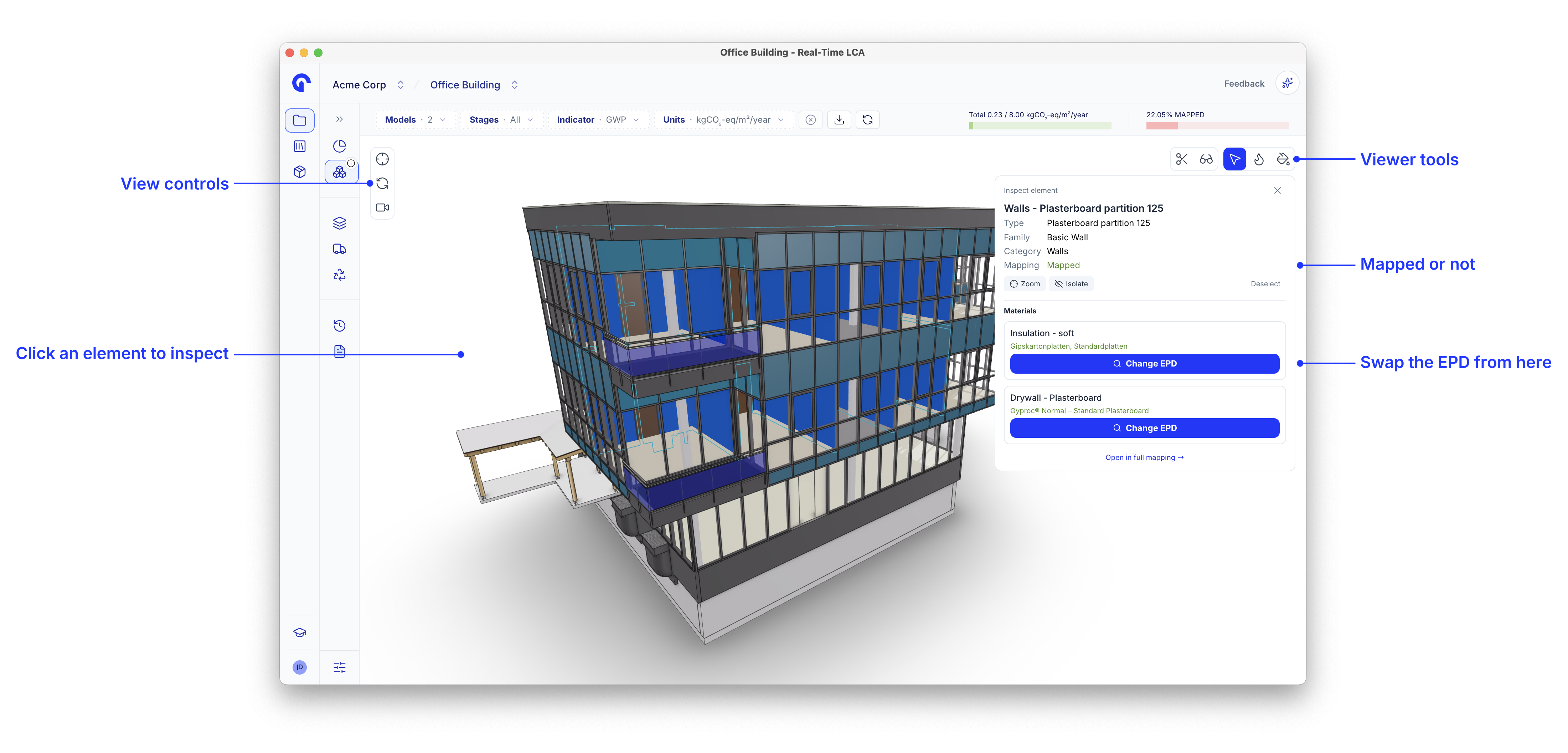 Model viewer with callouts for the view controls, element selection, the viewer tools, the mapping status, and the change EPD action.