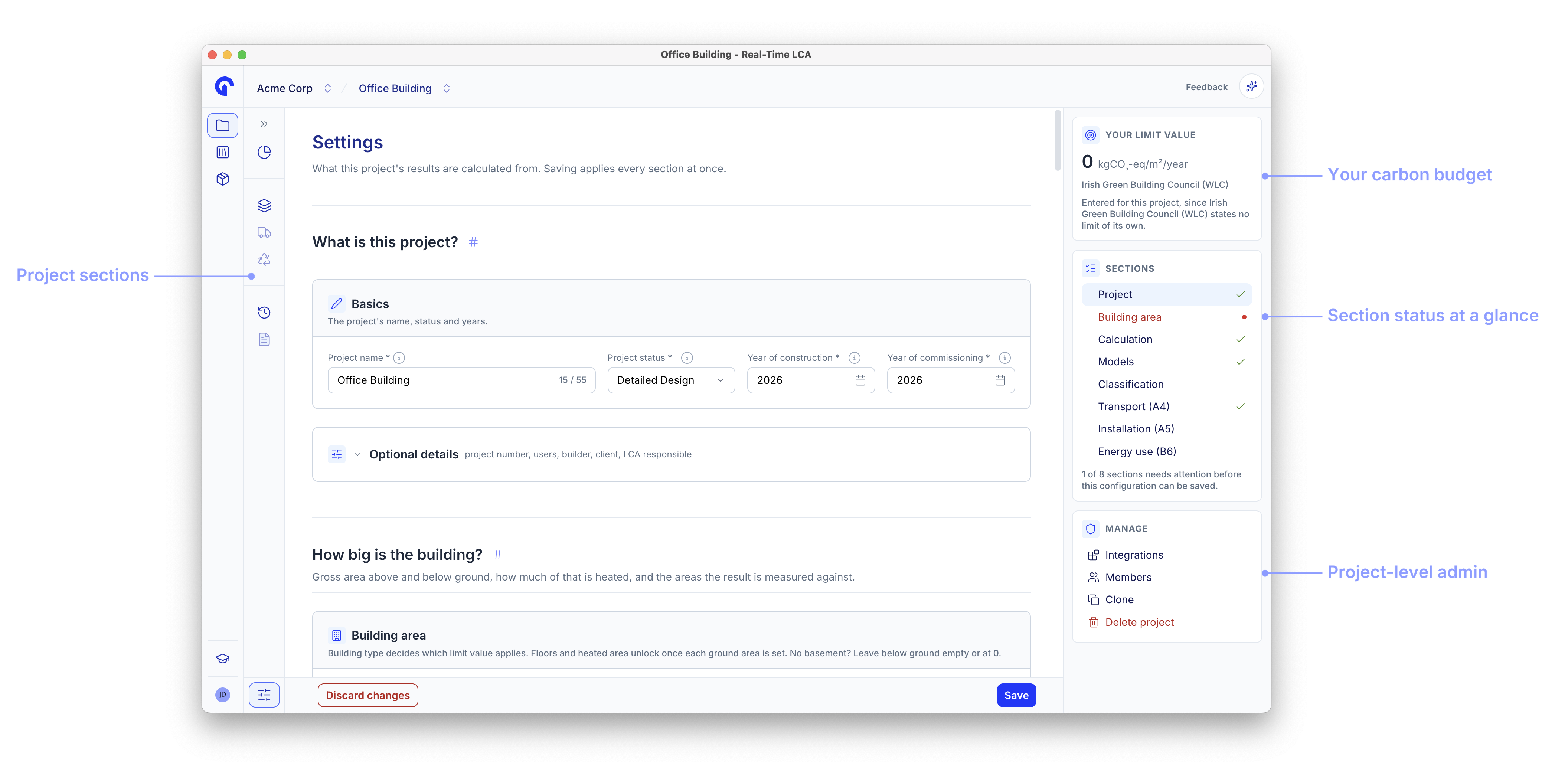 Project settings page with callouts for the project rail, the limit value card, the section status list, and the manage actions.