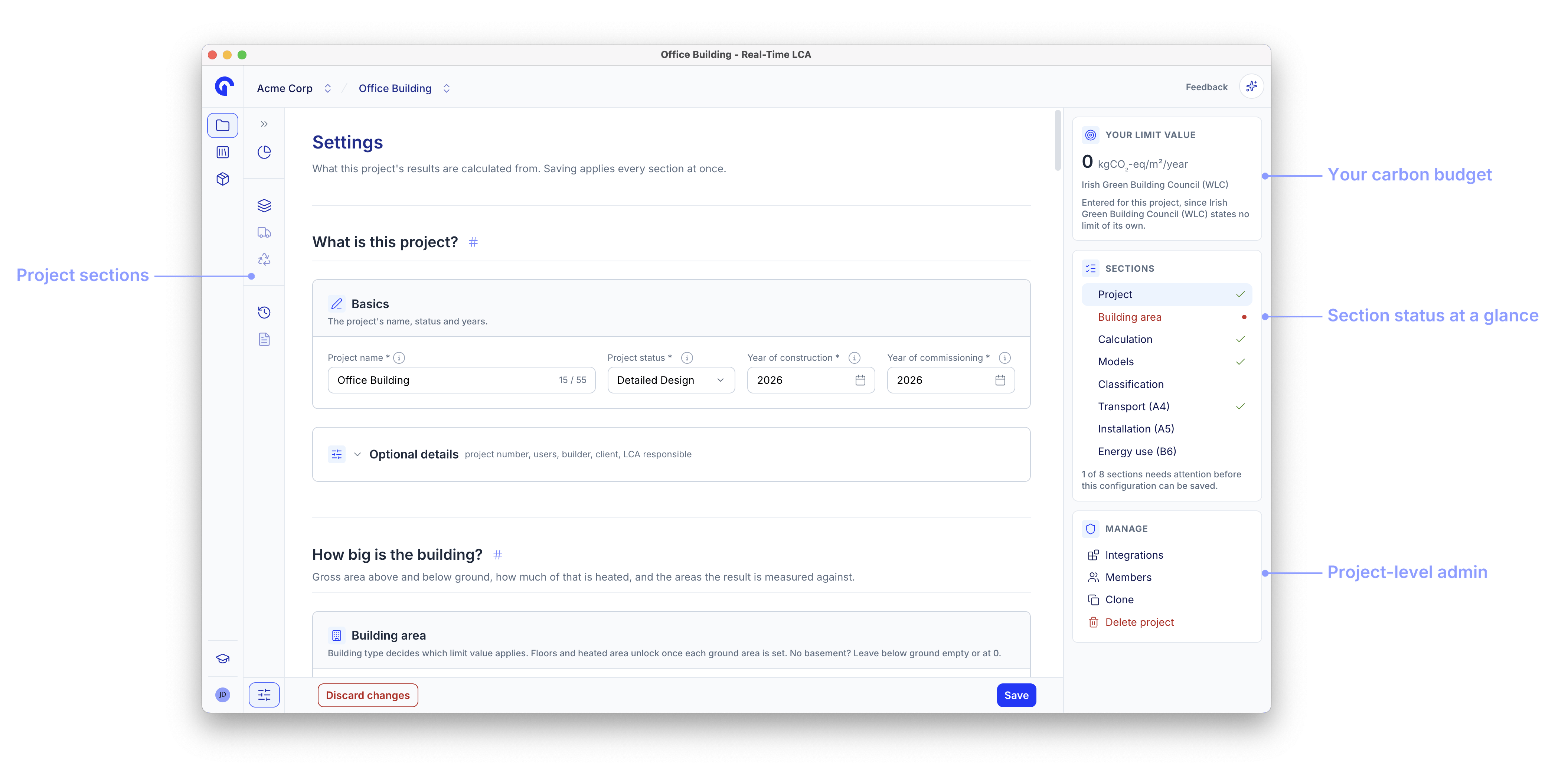 Project settings page with callouts for the project rail, the limit value card, the section status list, and the manage actions.