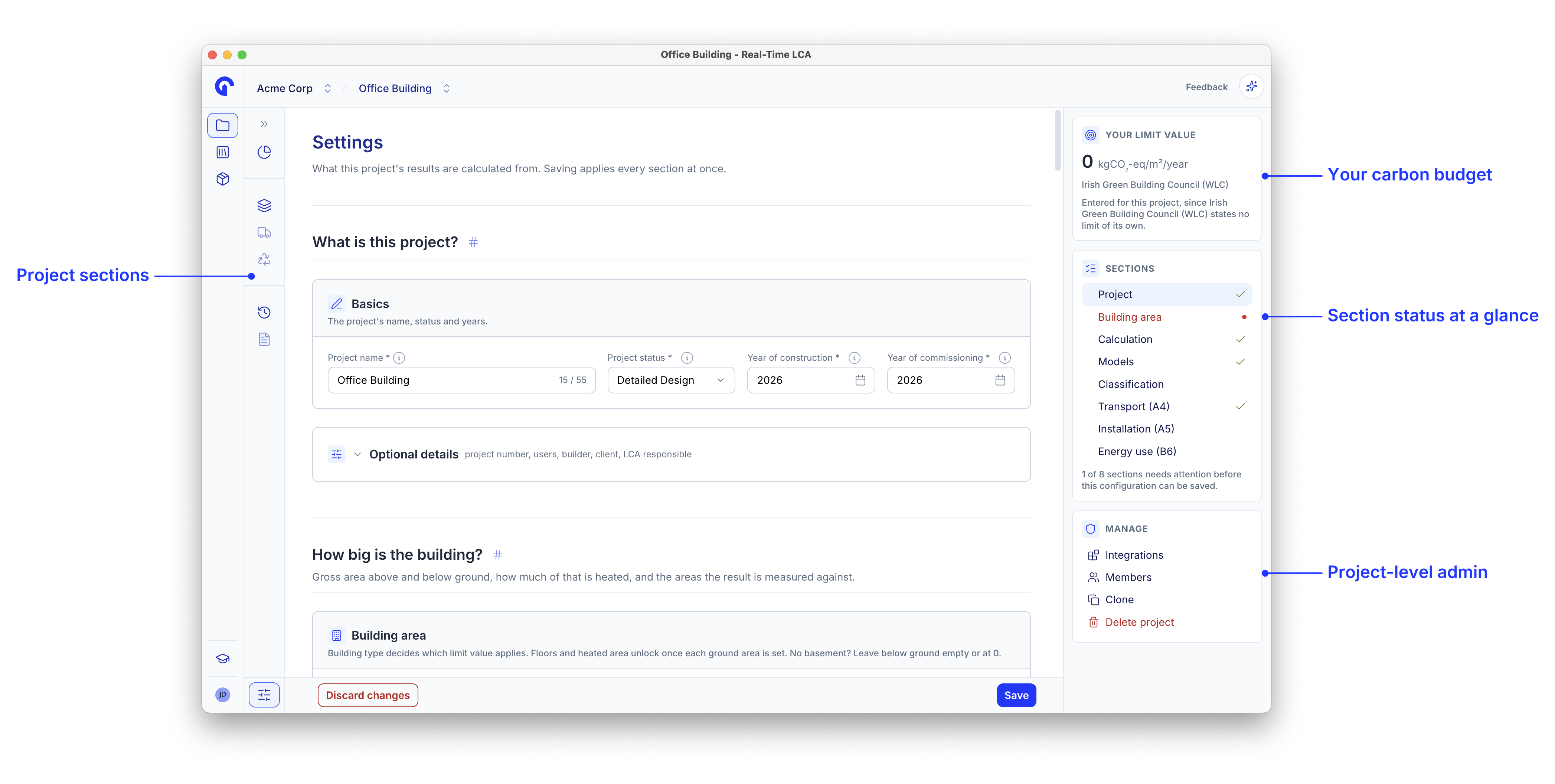 Project settings page with callouts for the project rail, the limit value card, the section status list, and the manage actions.