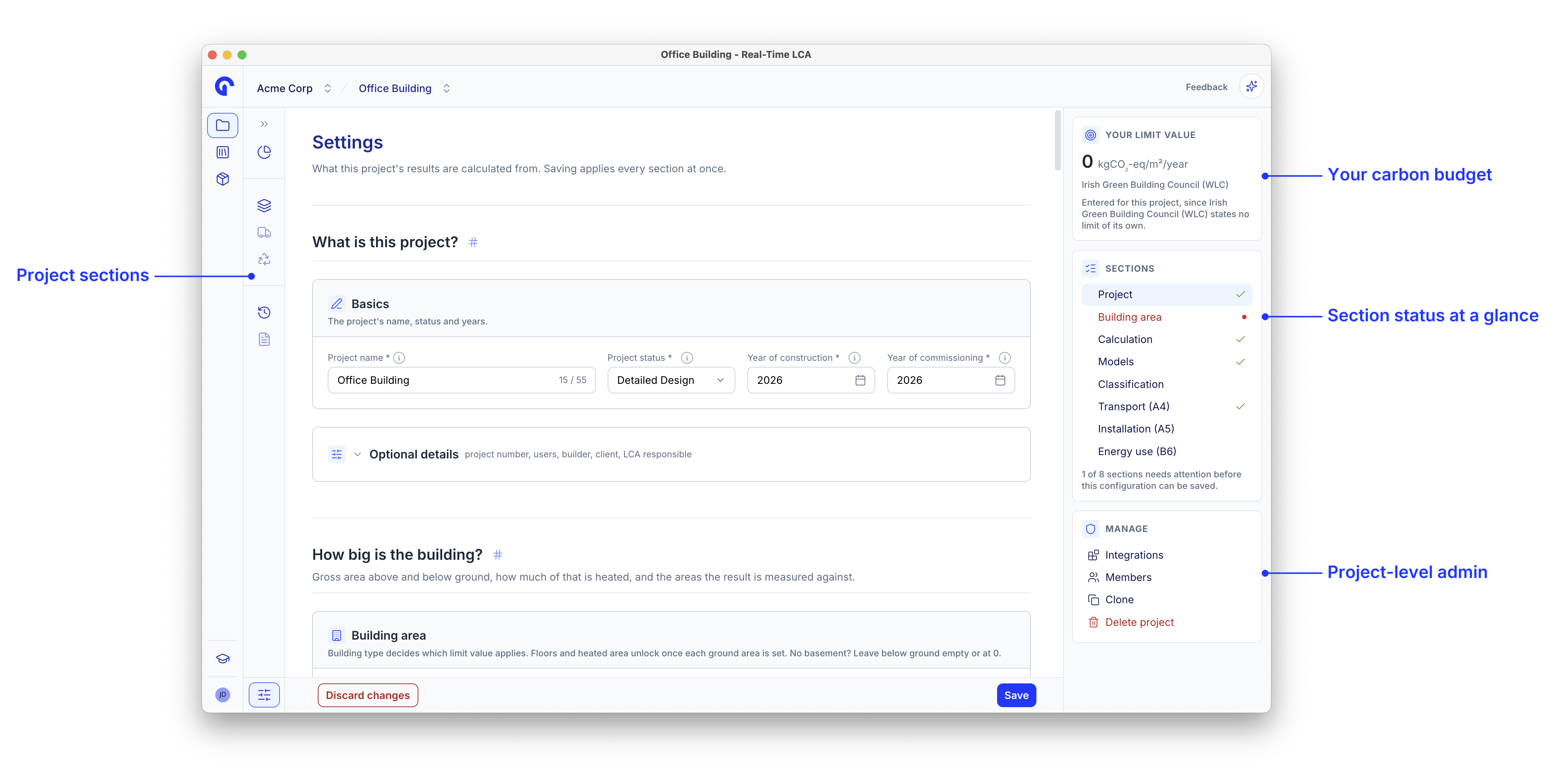 Project settings page with callouts for the project rail, the limit value card, the section status list, and the manage actions.