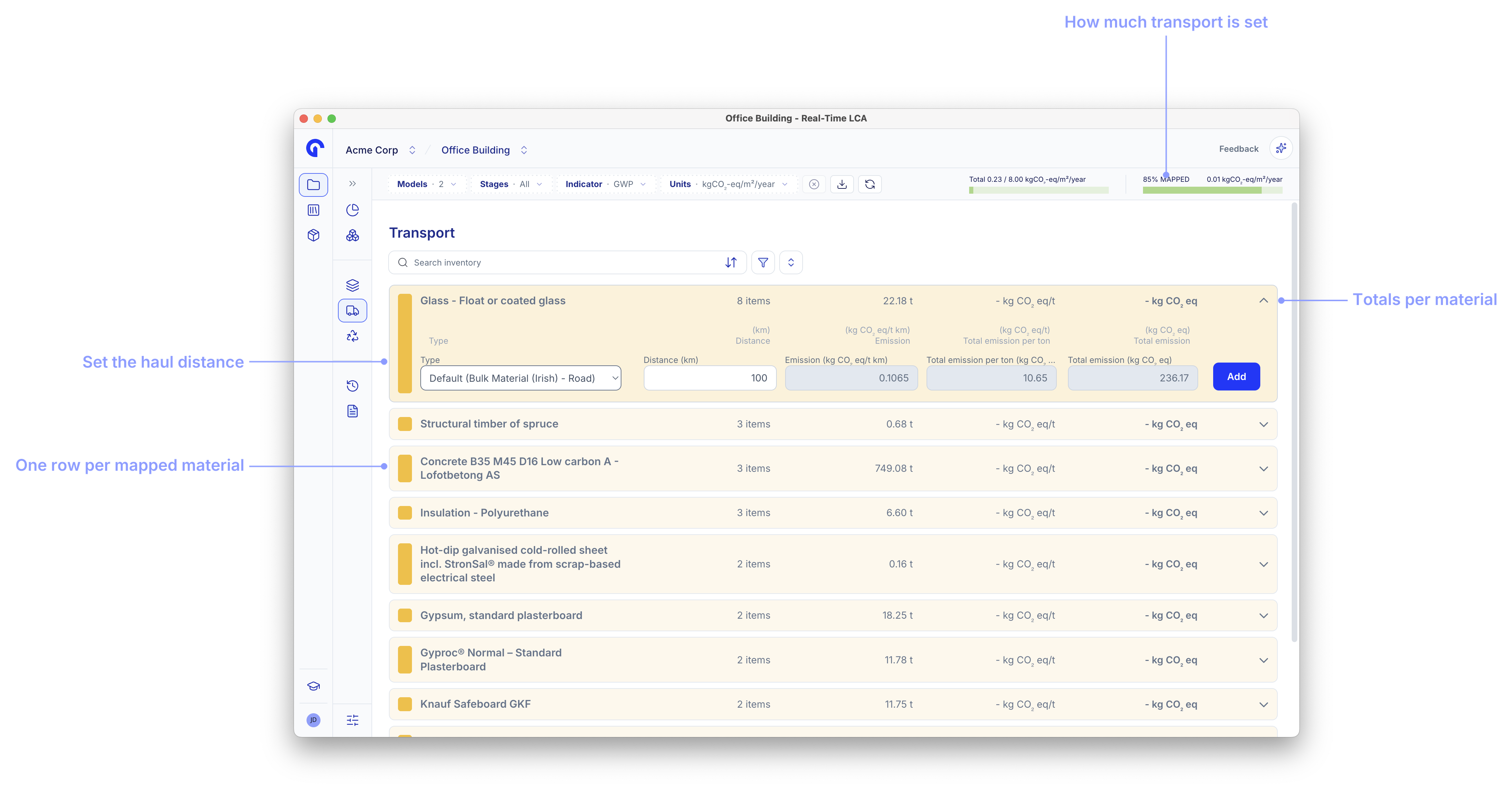 Transport page with callouts for the transport progress bar, the haul distance field, the per-material rows, and the row totals.