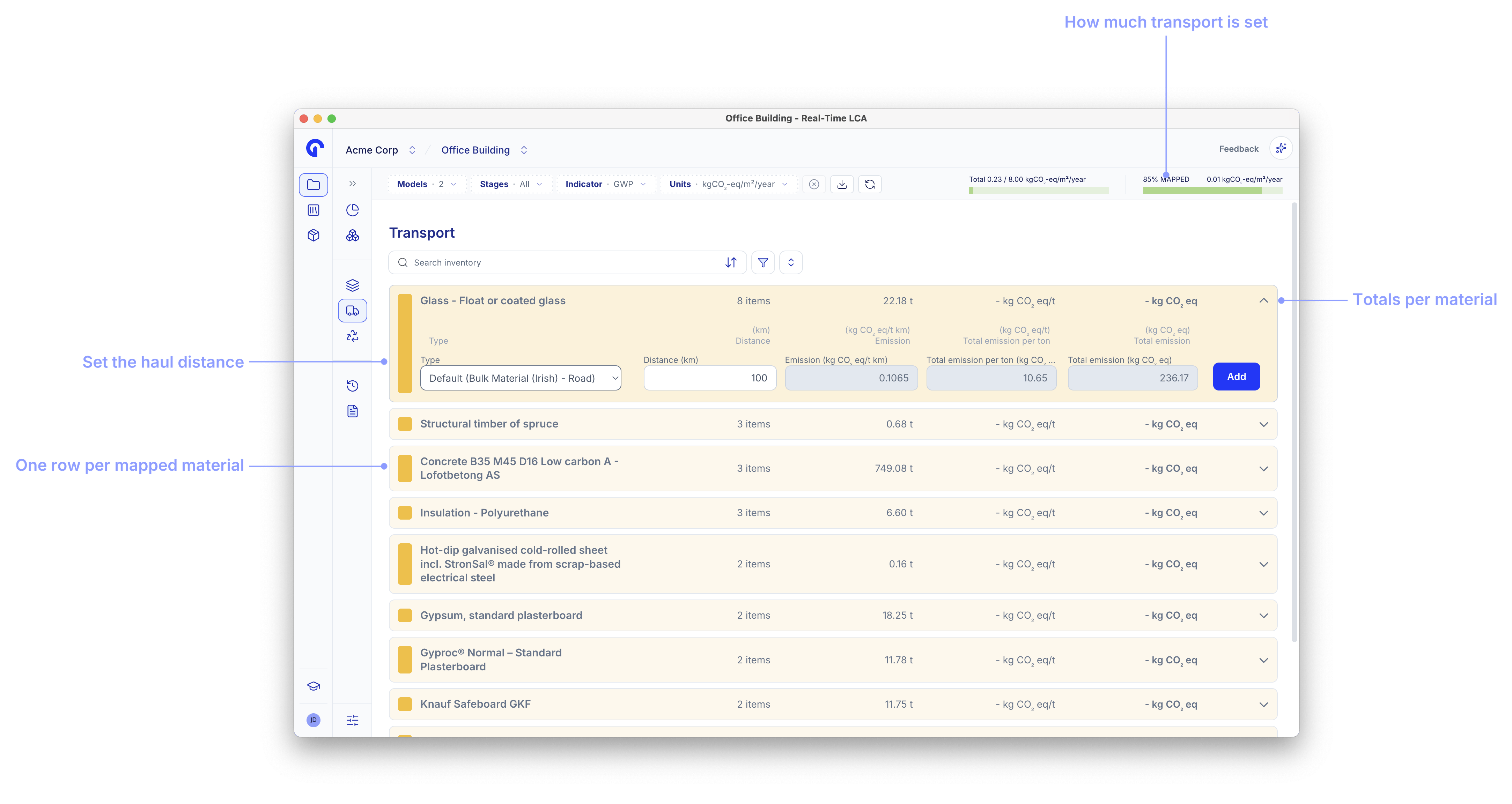 Transport page with callouts for the transport progress bar, the haul distance field, the per-material rows, and the row totals.