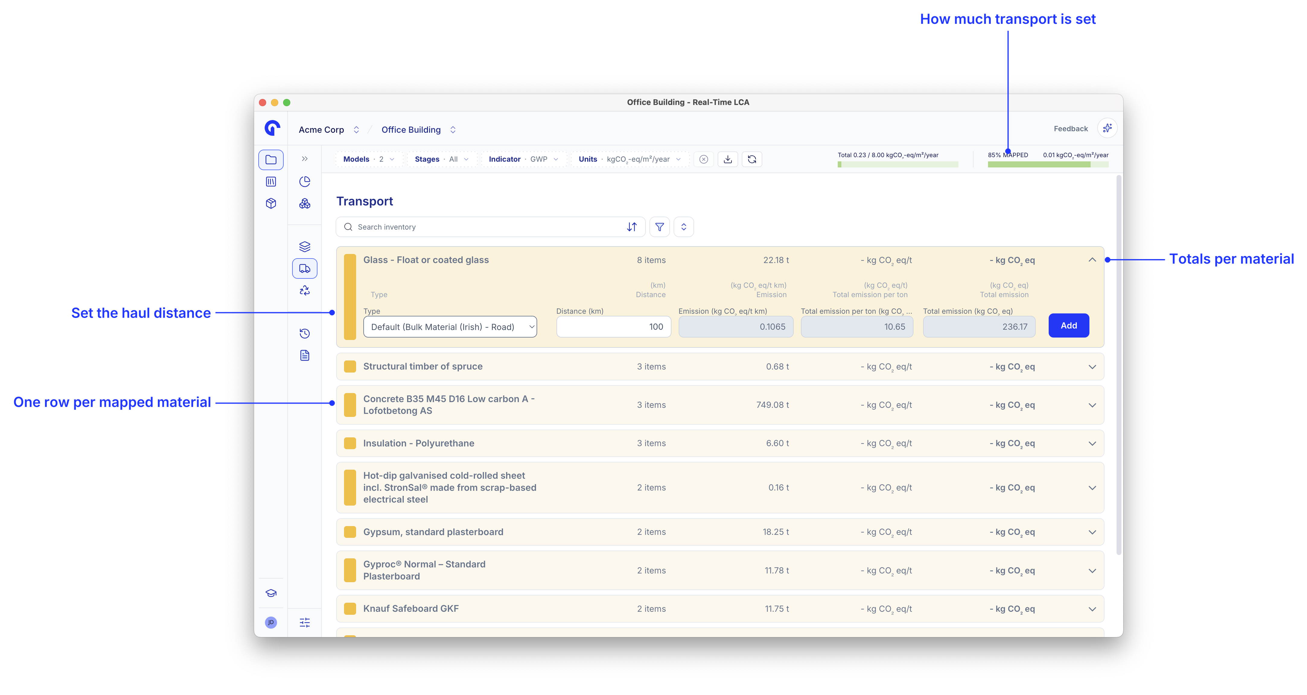 Transport page with callouts for the transport progress bar, the haul distance field, the per-material rows, and the row totals.