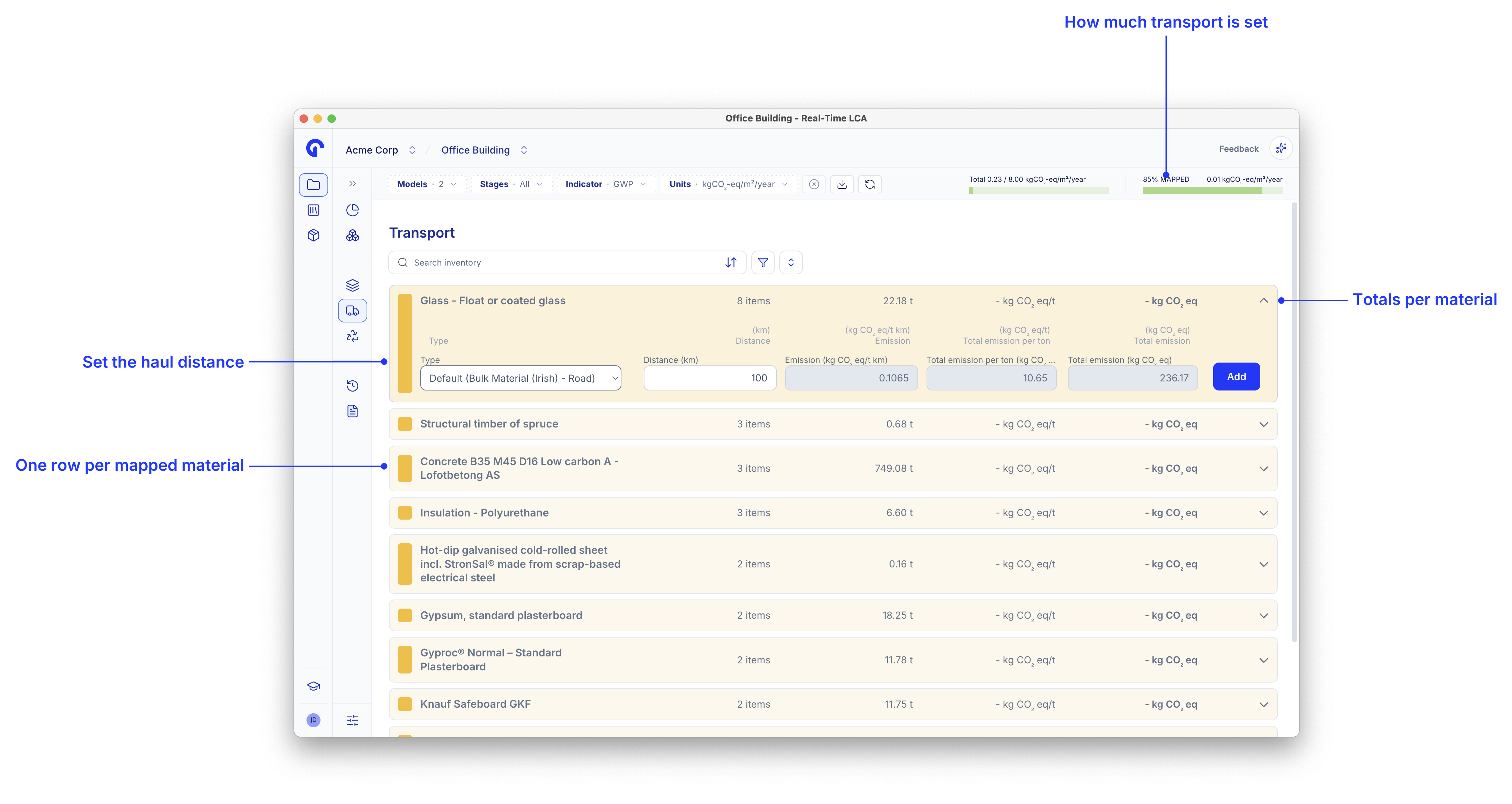 Transport page with callouts for the transport progress bar, the haul distance field, the per-material rows, and the row totals.