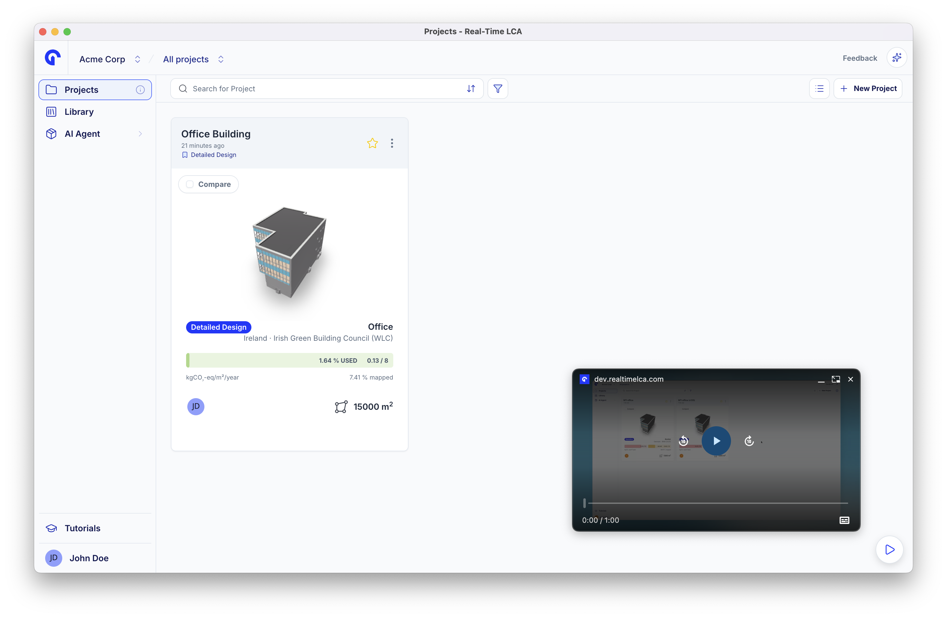 A tutorial video playing in a small floating picture-in-picture window over the Projects page, with play, skip, and progress controls.