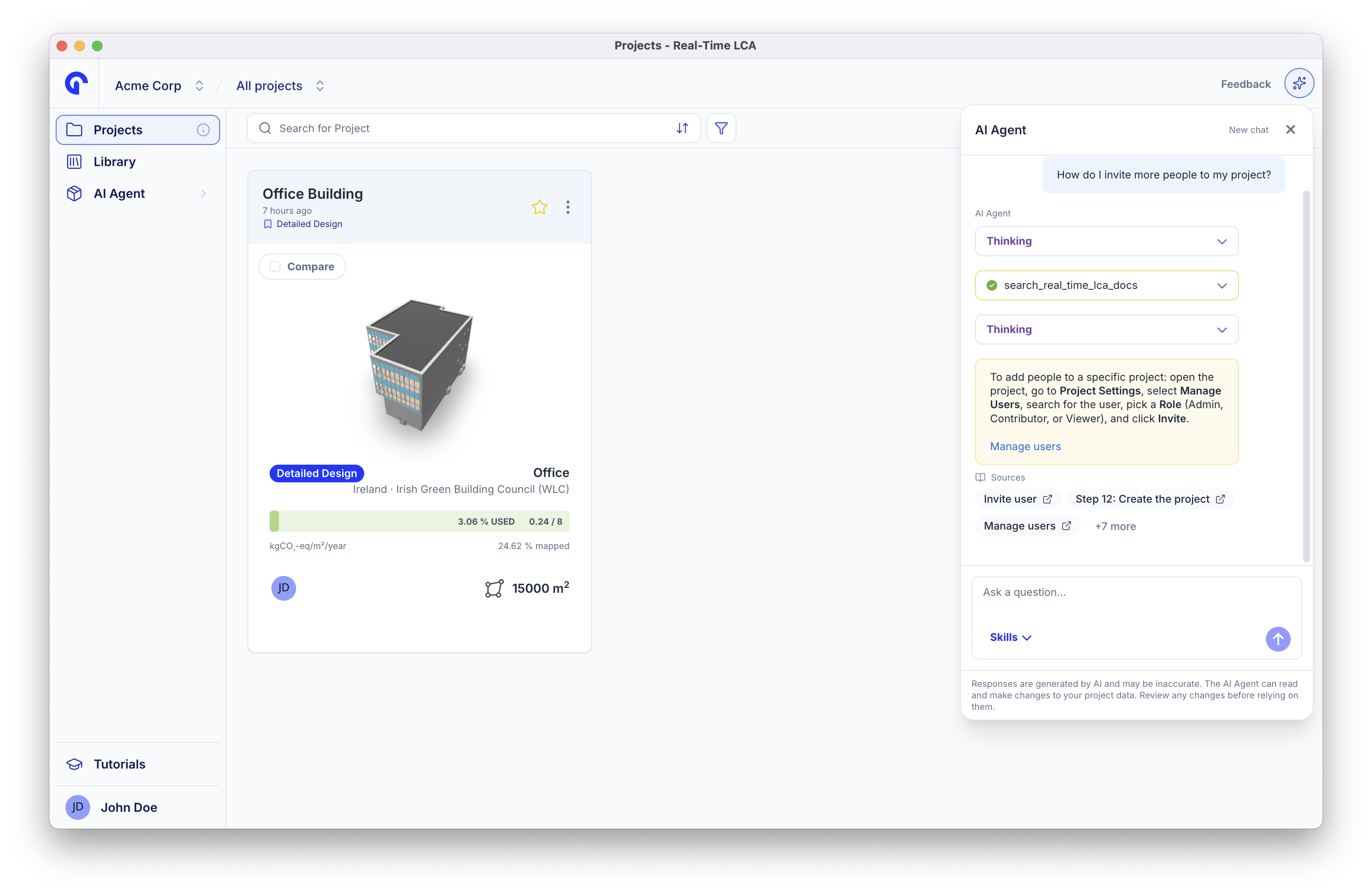 Agent answer explaining how to invite someone to a project, followed by a Sources list linking the documentation pages it drew on.