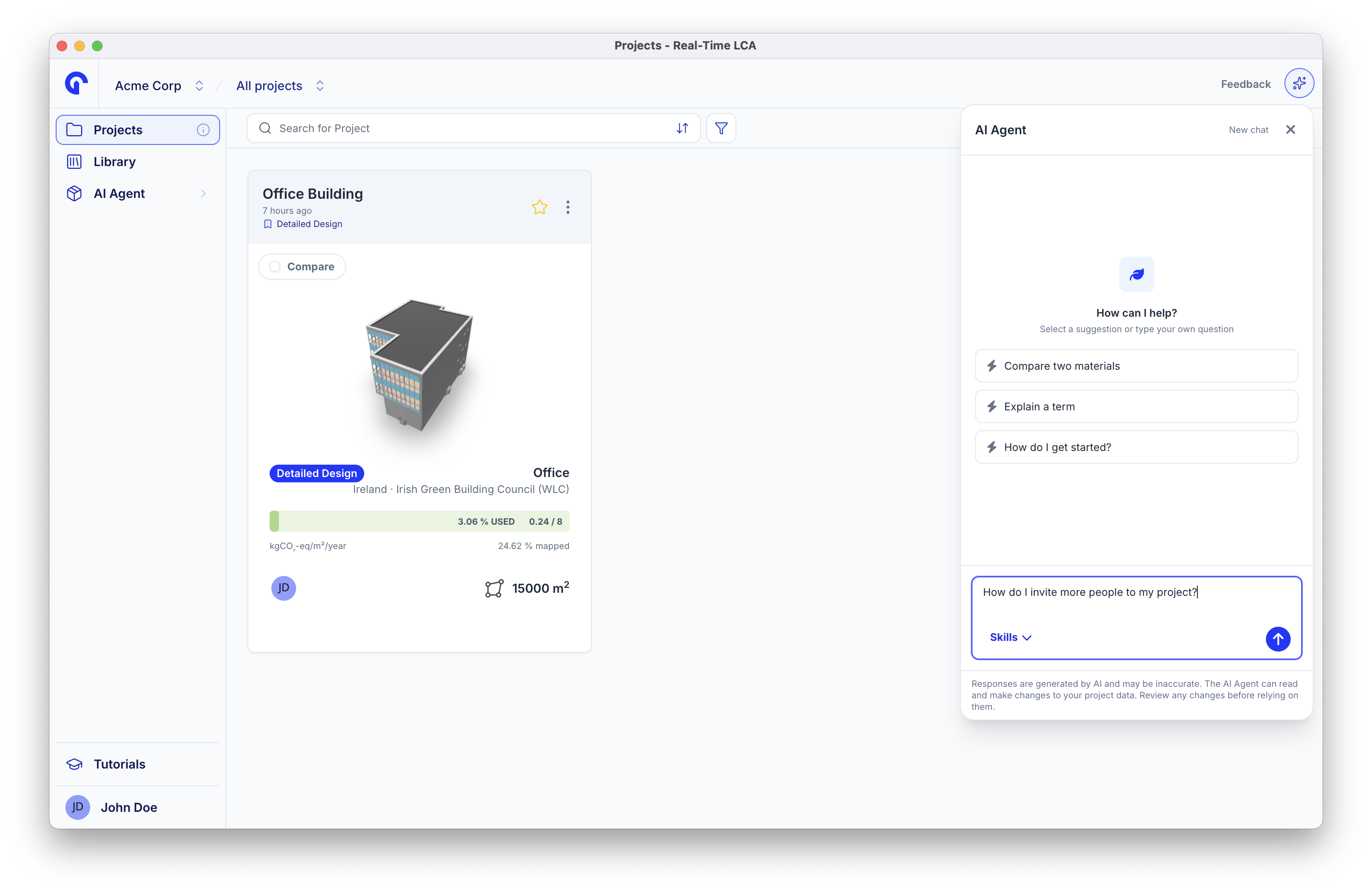 AI Agent panel with starter suggestions to compare two materials, explain a term, or get started, and a question typed about inviting people to a project.