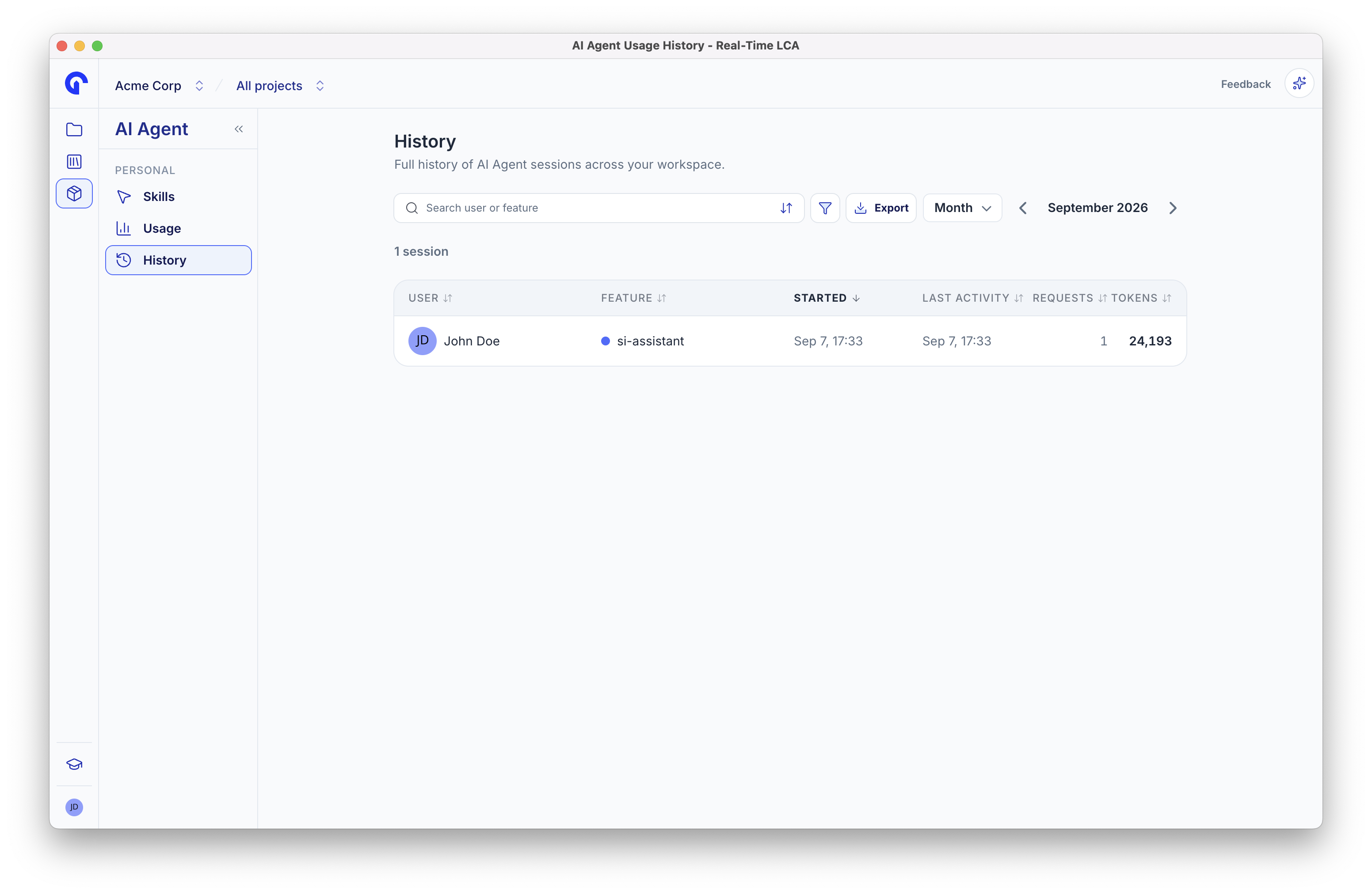 AI Agent history page listing sessions by user and feature with start time, last activity, requests, and tokens.