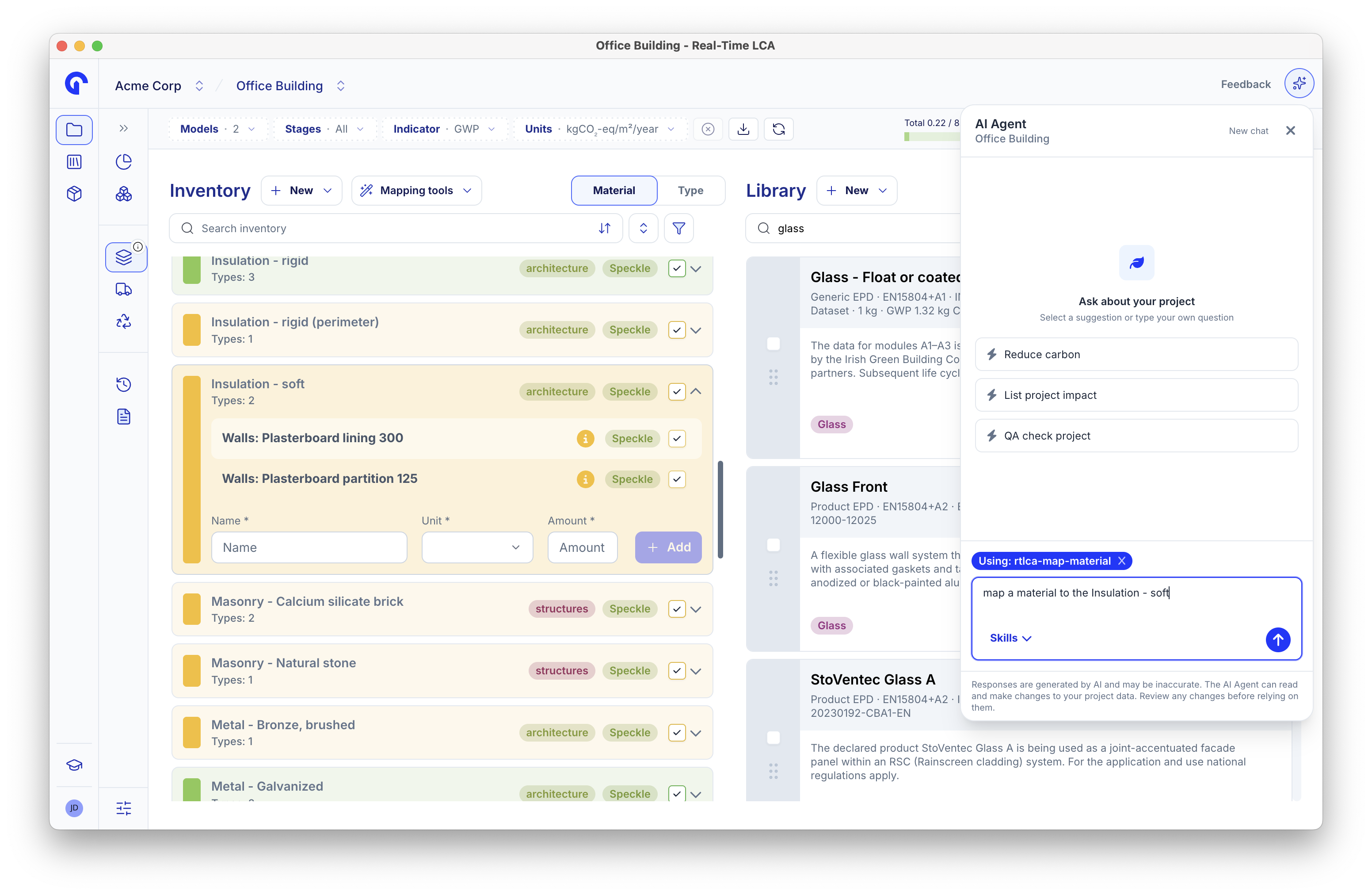 AI Agent panel open beside the mapping page with starter prompts and a question typed into the composer using the rtlca-map-material skill.