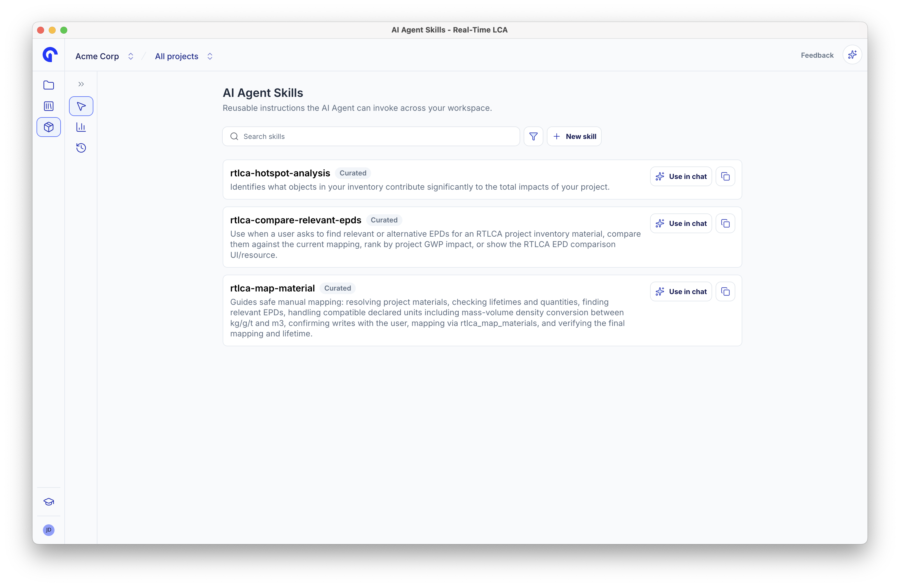 AI Agent skills page listing curated skills for hotspot analysis, comparing relevant EPDs, and mapping a material, each with a use in chat action.