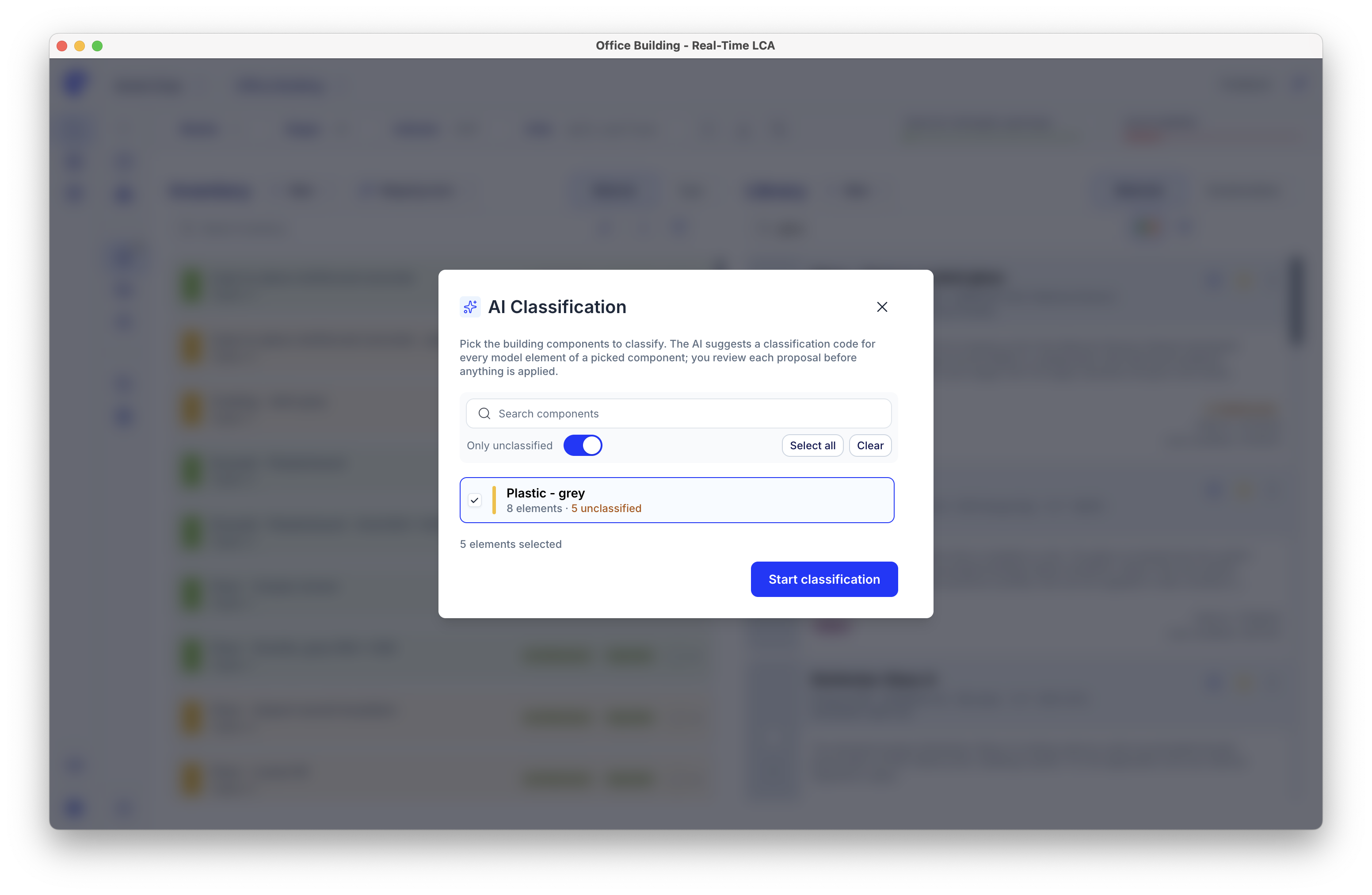 AI Classification dialog listing building components with an only unclassified toggle, select all and clear actions, and a start classification button.