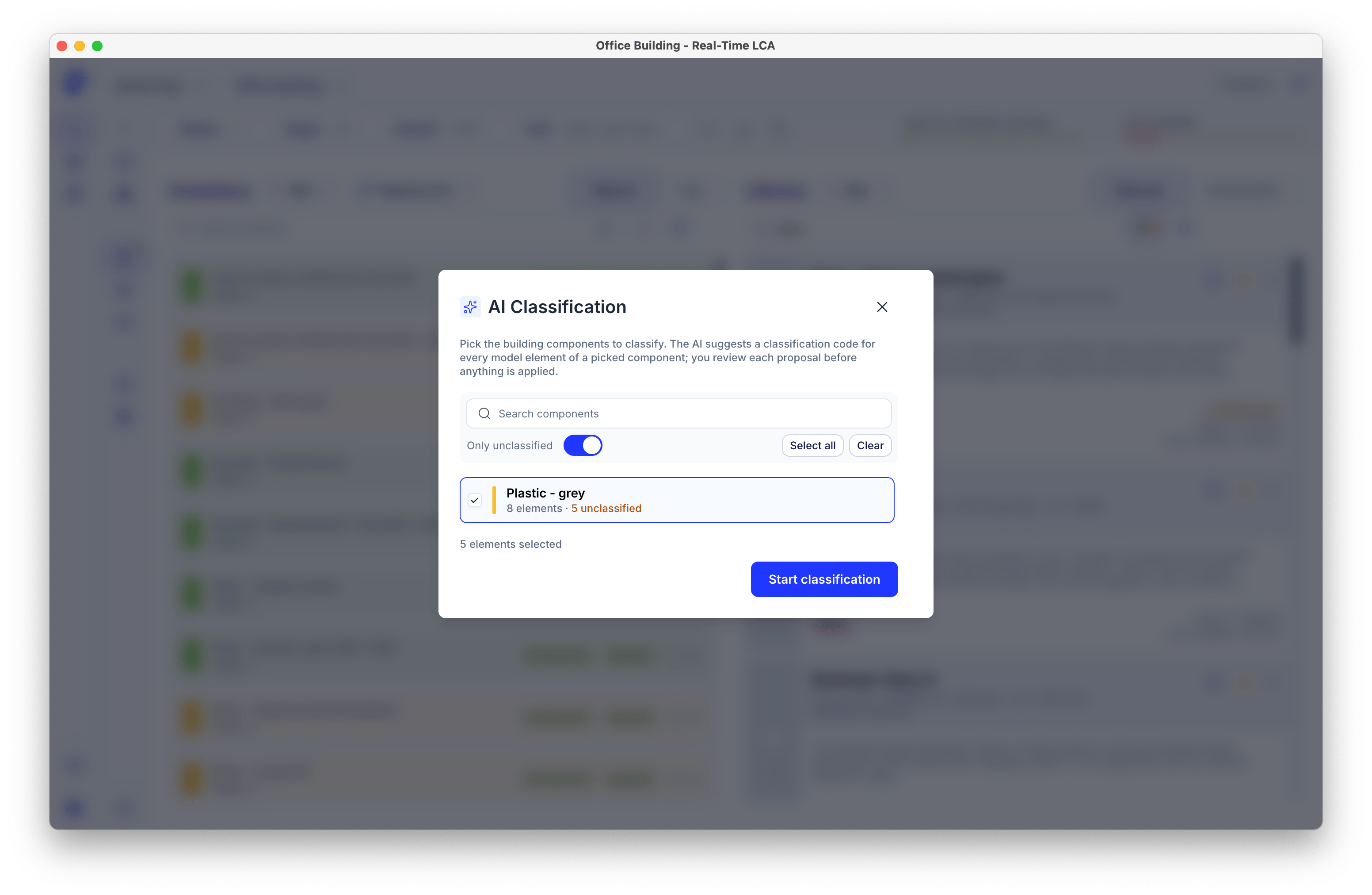 AI Classification dialog listing building components with an only unclassified toggle, select all and clear actions, and a start classification button.