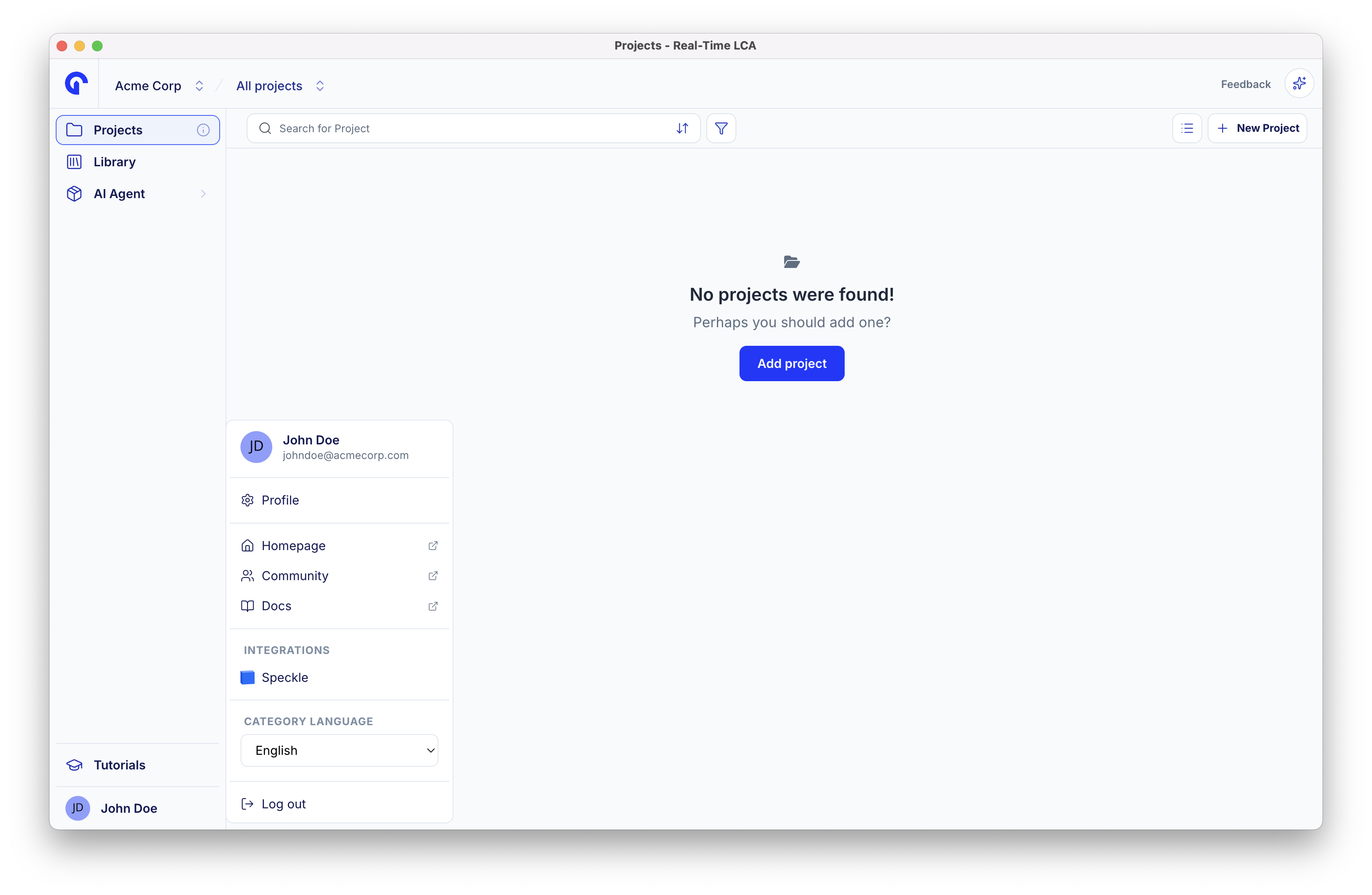 Account menu open showing the signed-in user, Profile, links to homepage, community and docs, the Speckle integration, the category language selector, and log out.
