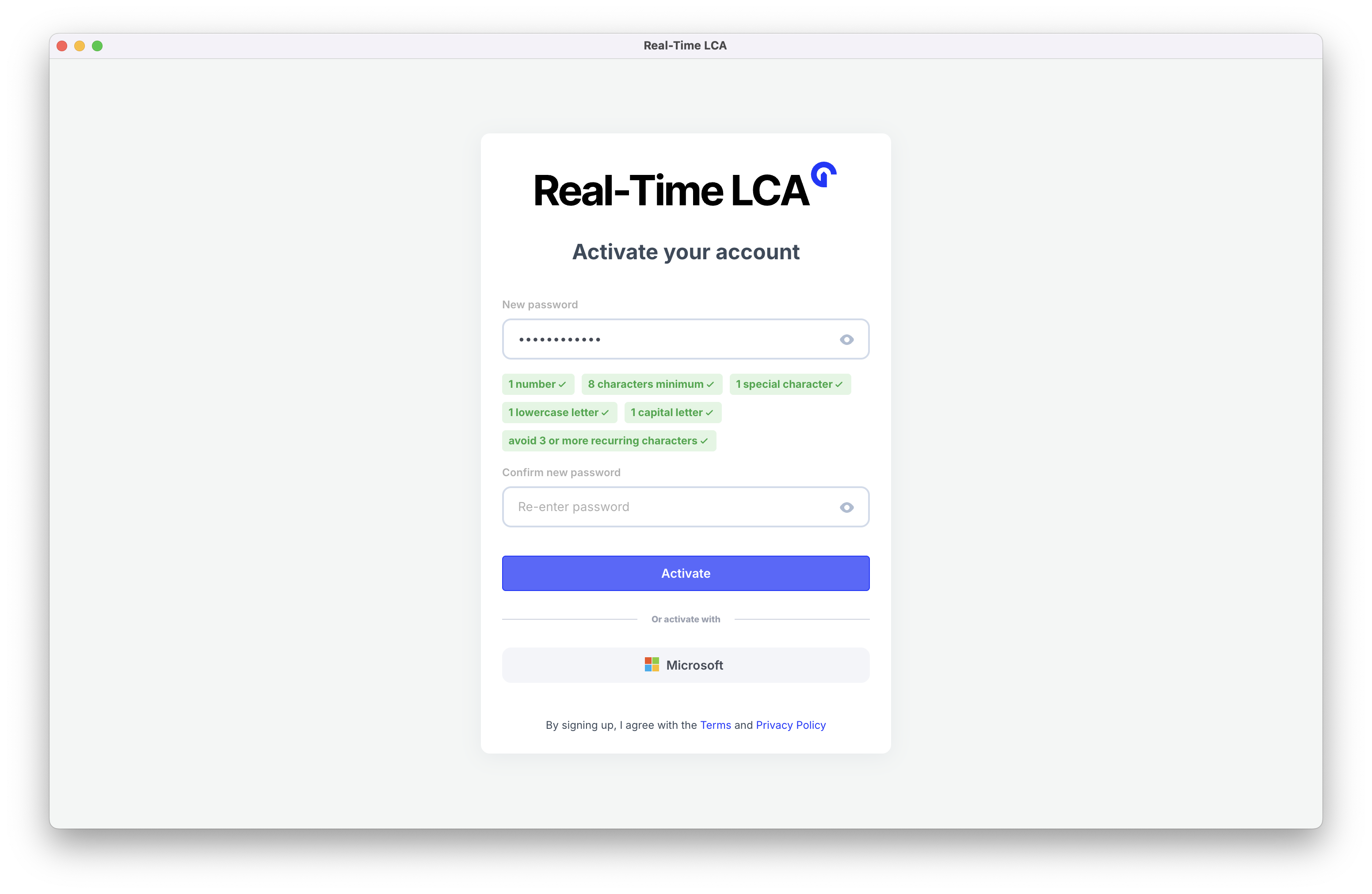 Activation form with a password entered and every requirement chip turned green.