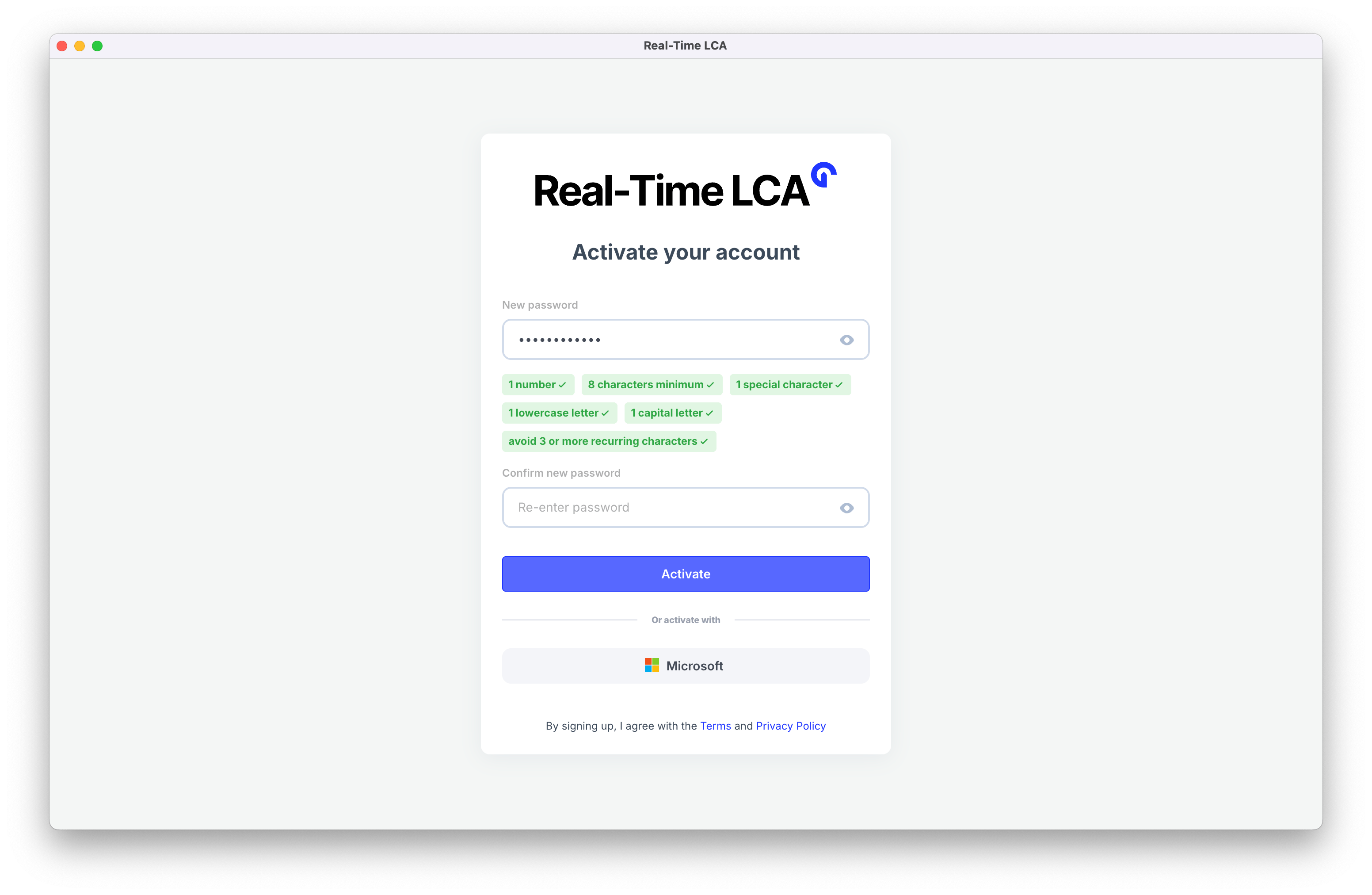 Activation form with a password entered and every requirement chip turned green.