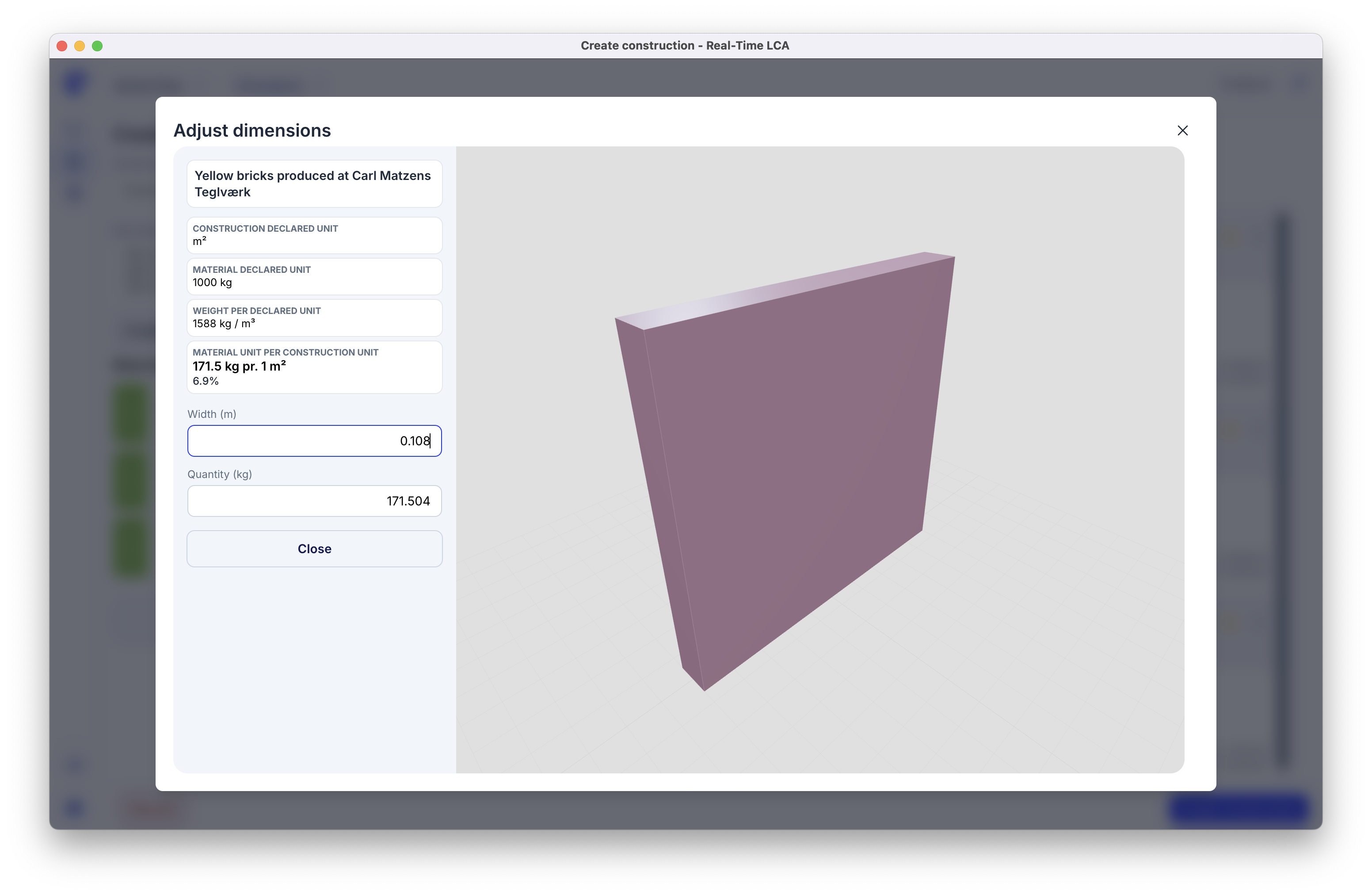 Adjust dimensions for brick, with a width field and the resulting quantity in kilograms.