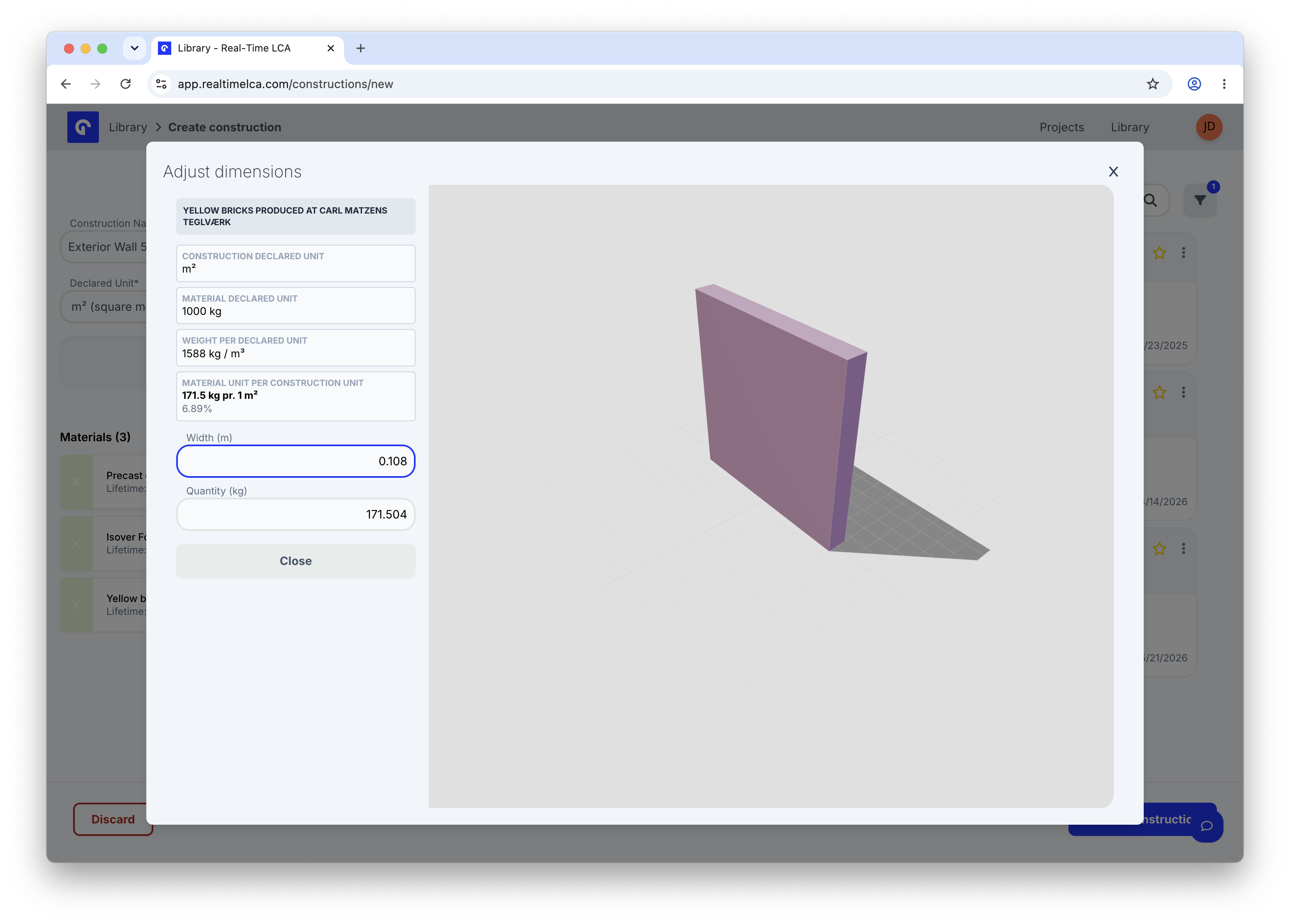 Adjust dimensions modal for a yellow brick layer with Width set to 0.108 m and Quantity 171.504 kg.