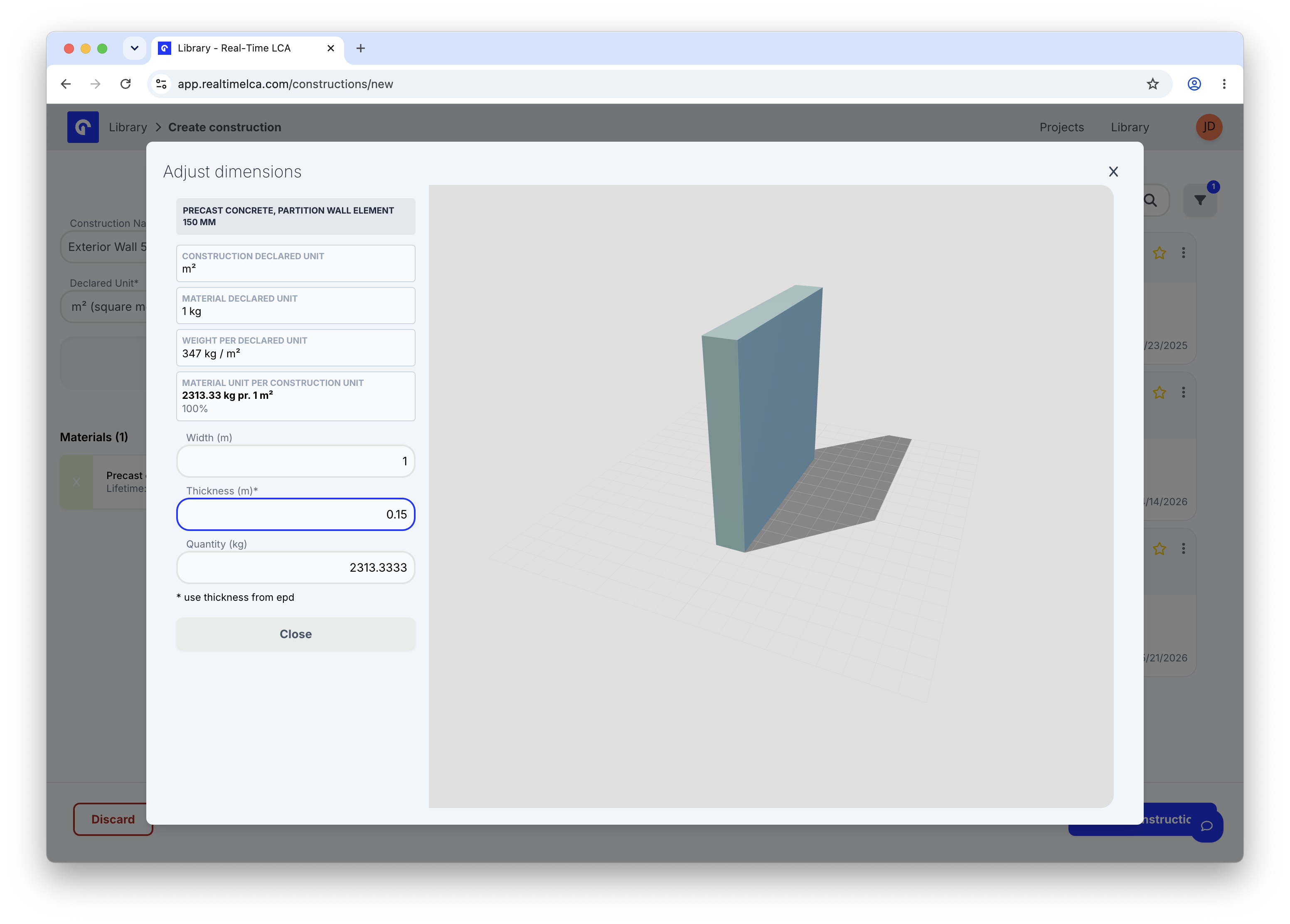 Adjust dimensions modal for a precast concrete layer with a 3D preview, Thickness set to 0.15 m, and Quantity calculated as 2313.33 kg.
