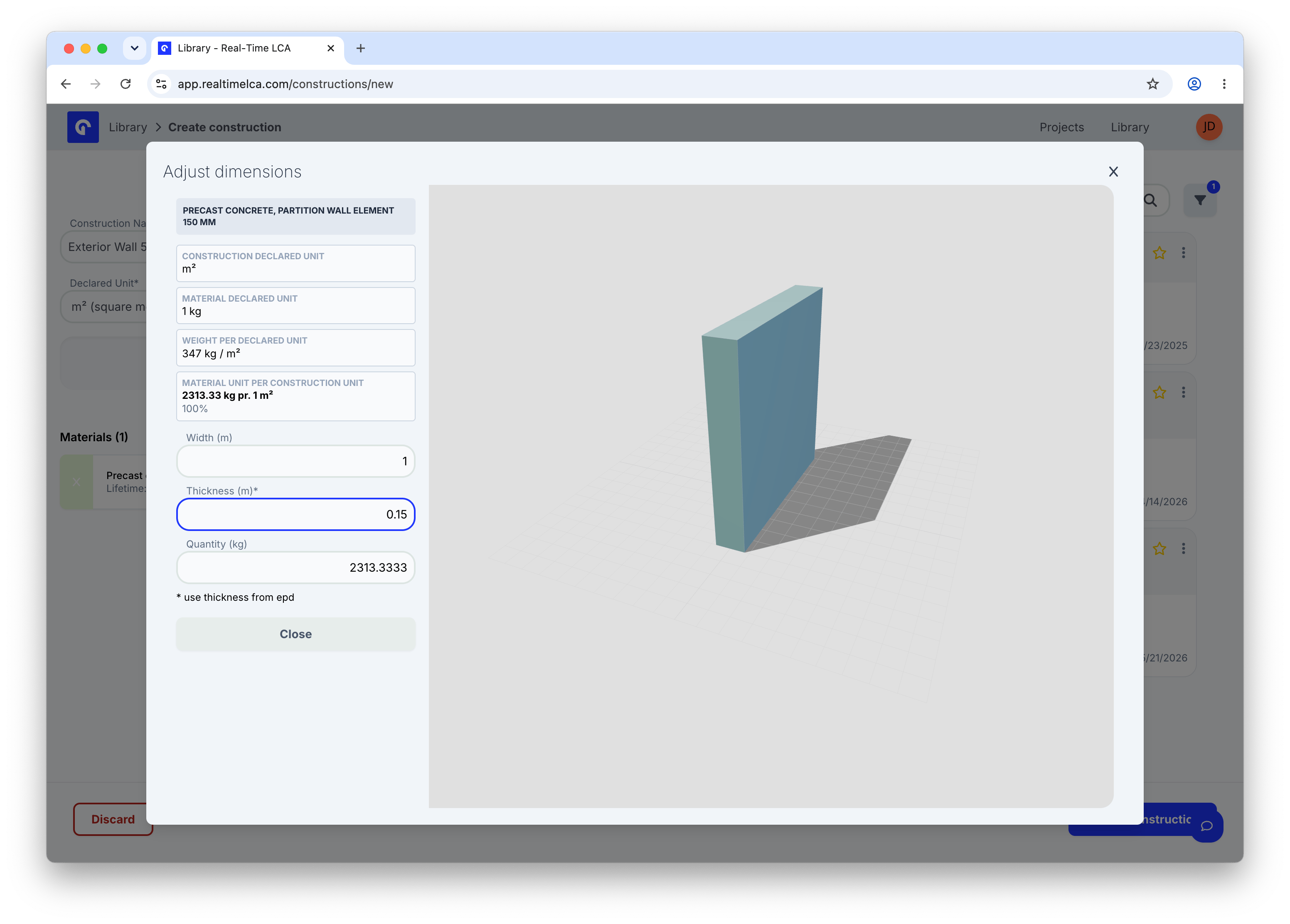 Adjust dimensions modal for a precast concrete layer with a 3D preview, Thickness set to 0.15 m, and Quantity calculated as 2313.33 kg.
