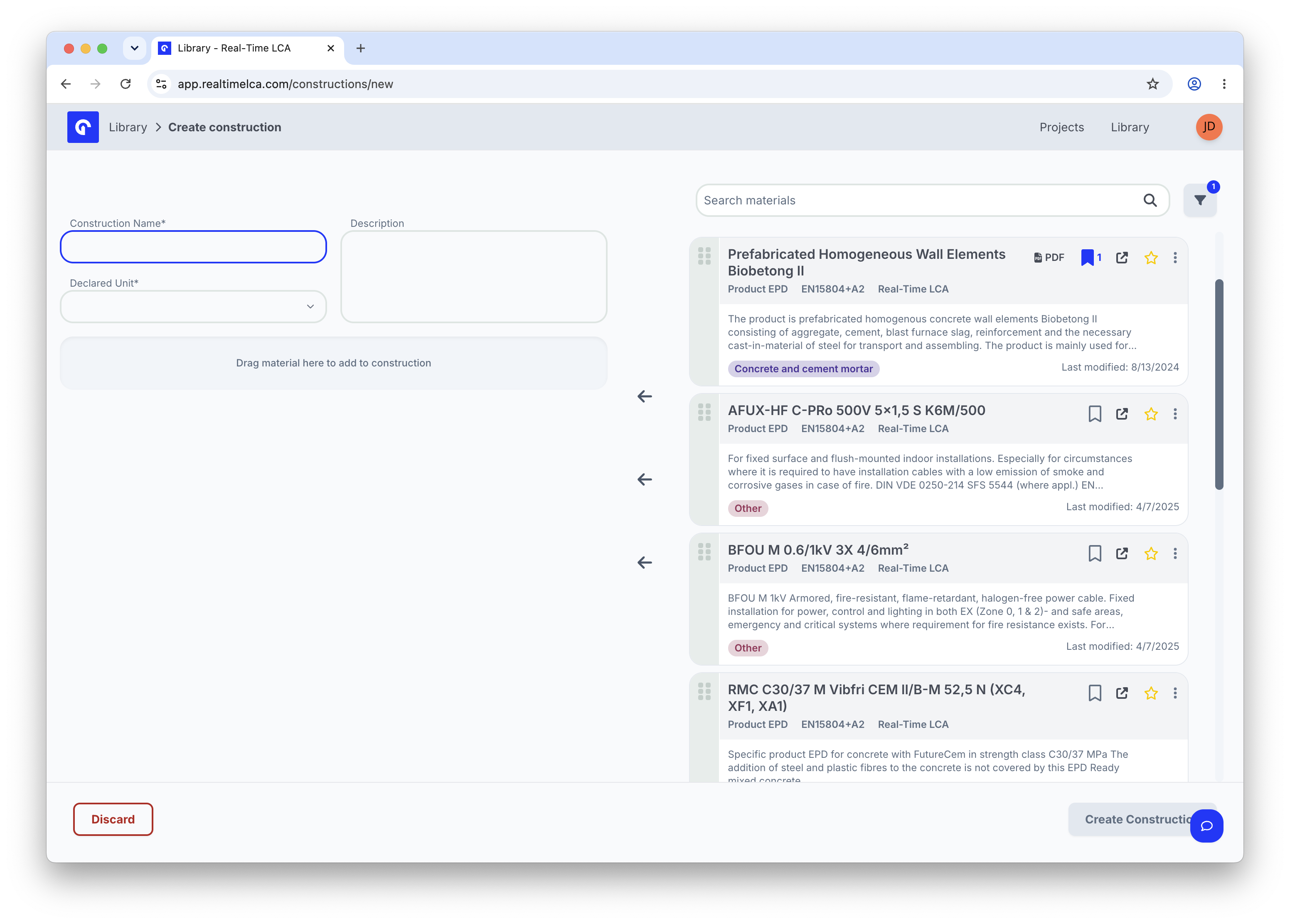 Create construction page showing empty Name, Description, and Declared Unit fields on the left, a drop zone for materials, and the searchable Library materials list on the right.