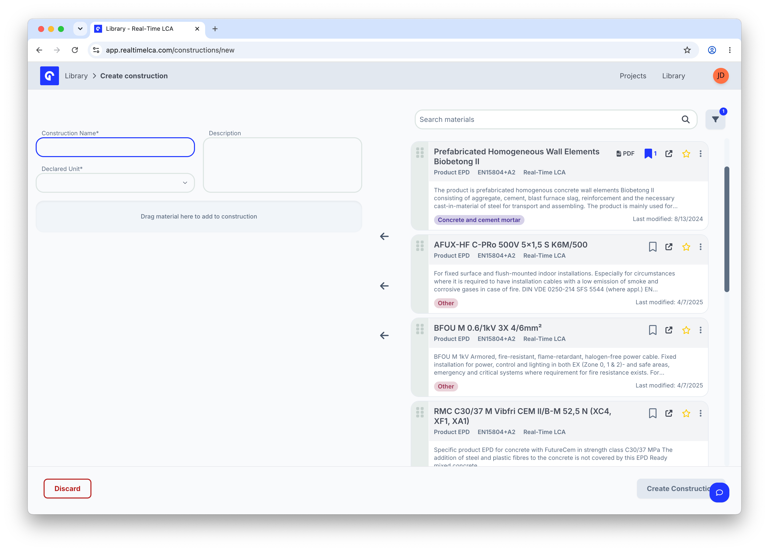 Create construction page showing empty Name, Description, and Declared Unit fields on the left, a drop zone for materials, and the searchable Library materials list on the right.