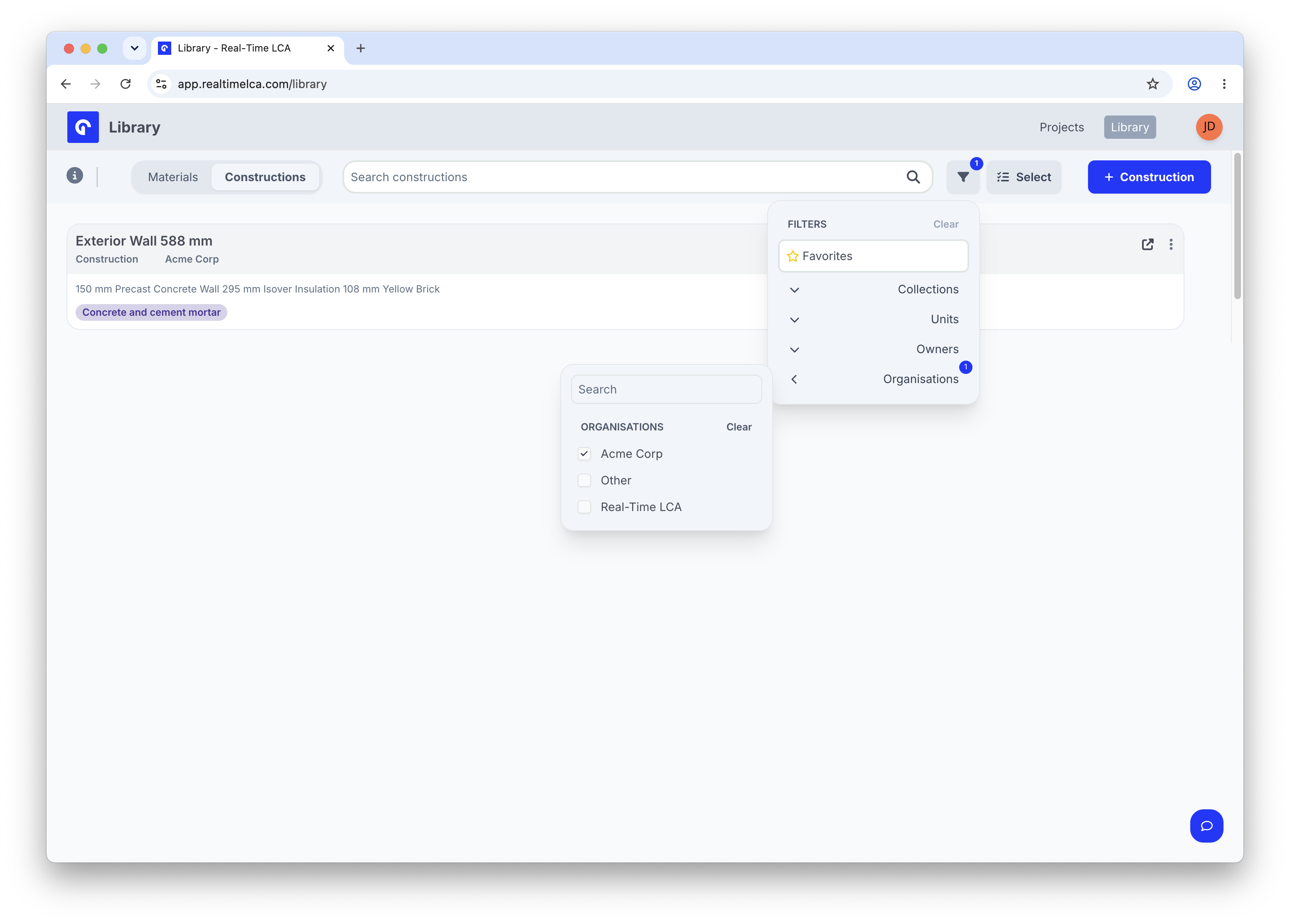 Filter panel on the Constructions tab with the Organisations subfilter expanded and Acme Corp selected.