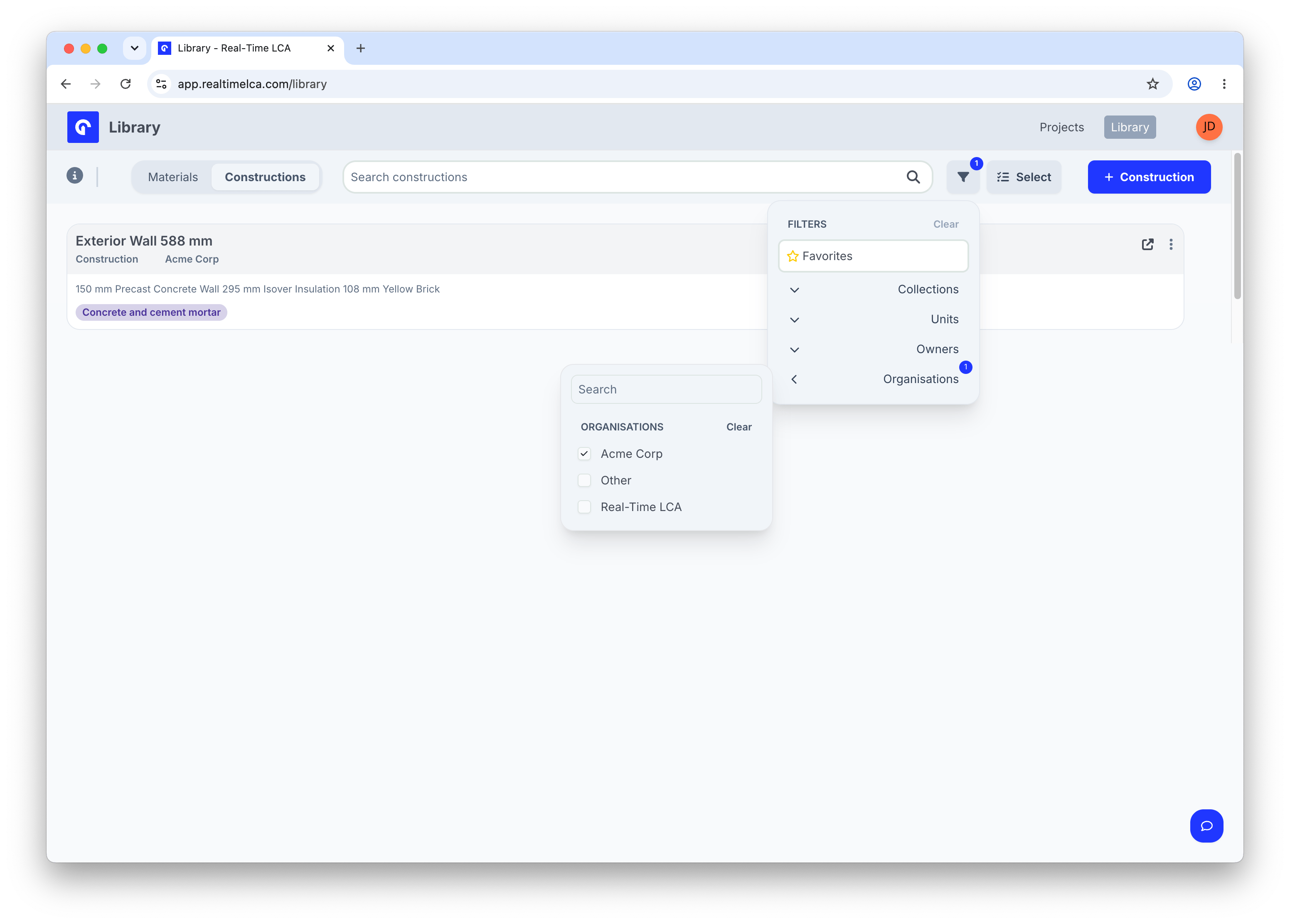 Filter panel on the Constructions tab with the Organisations subfilter expanded and Acme Corp selected.