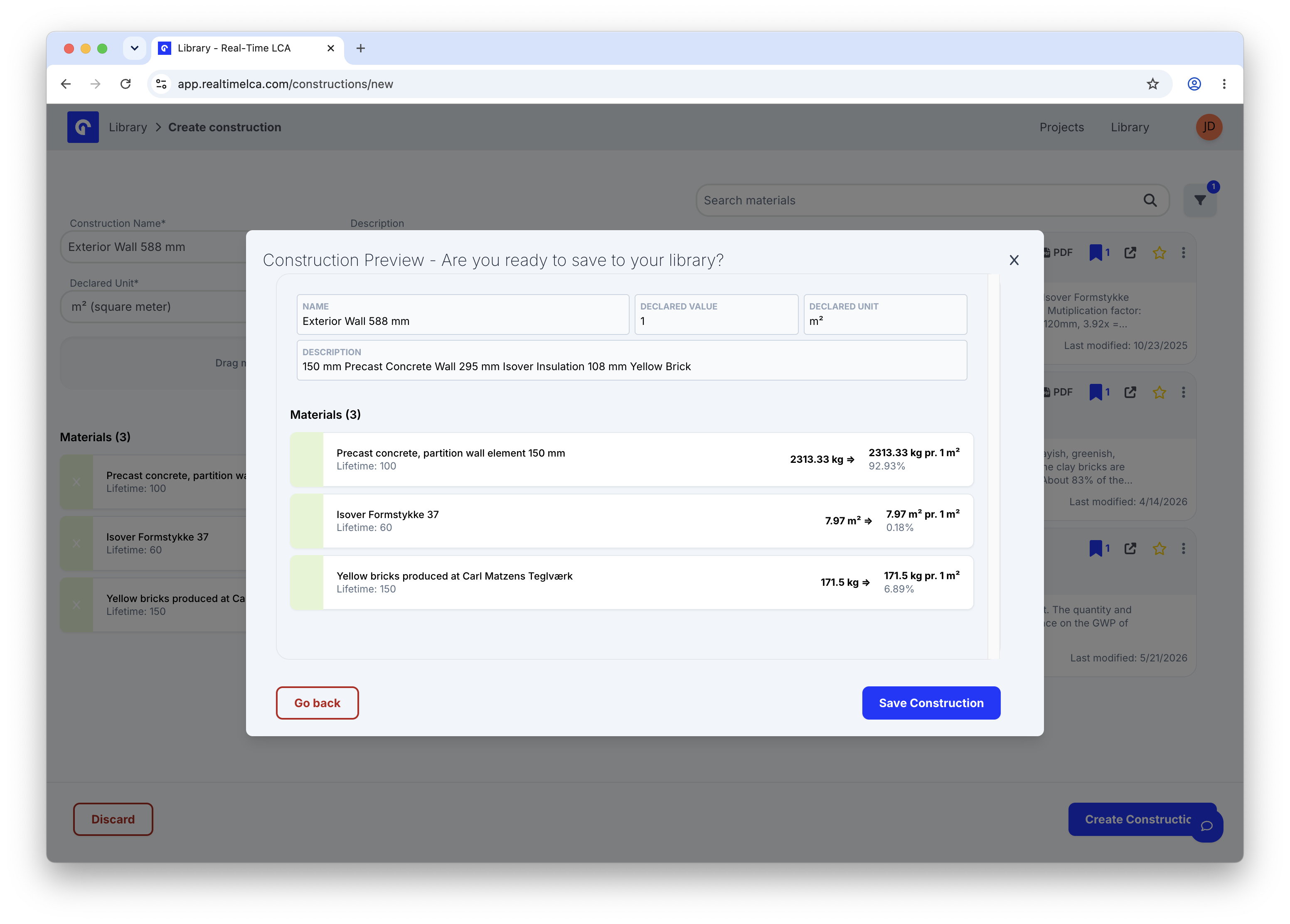 Construction Preview modal listing three layers with their lifetimes and mass shares, plus Go back and Save Construction buttons.