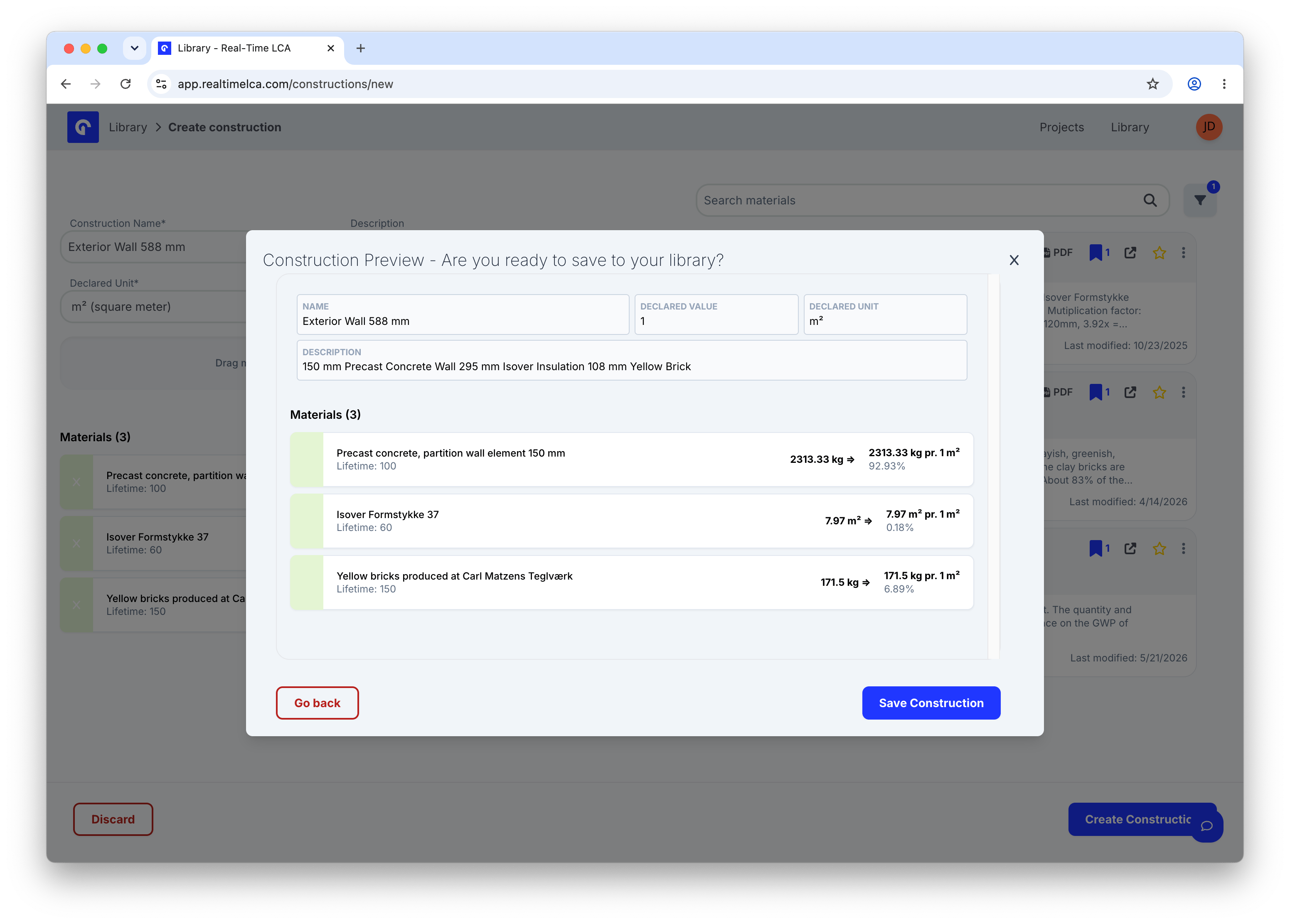 Construction Preview modal listing three layers with their lifetimes and mass shares, plus Go back and Save Construction buttons.