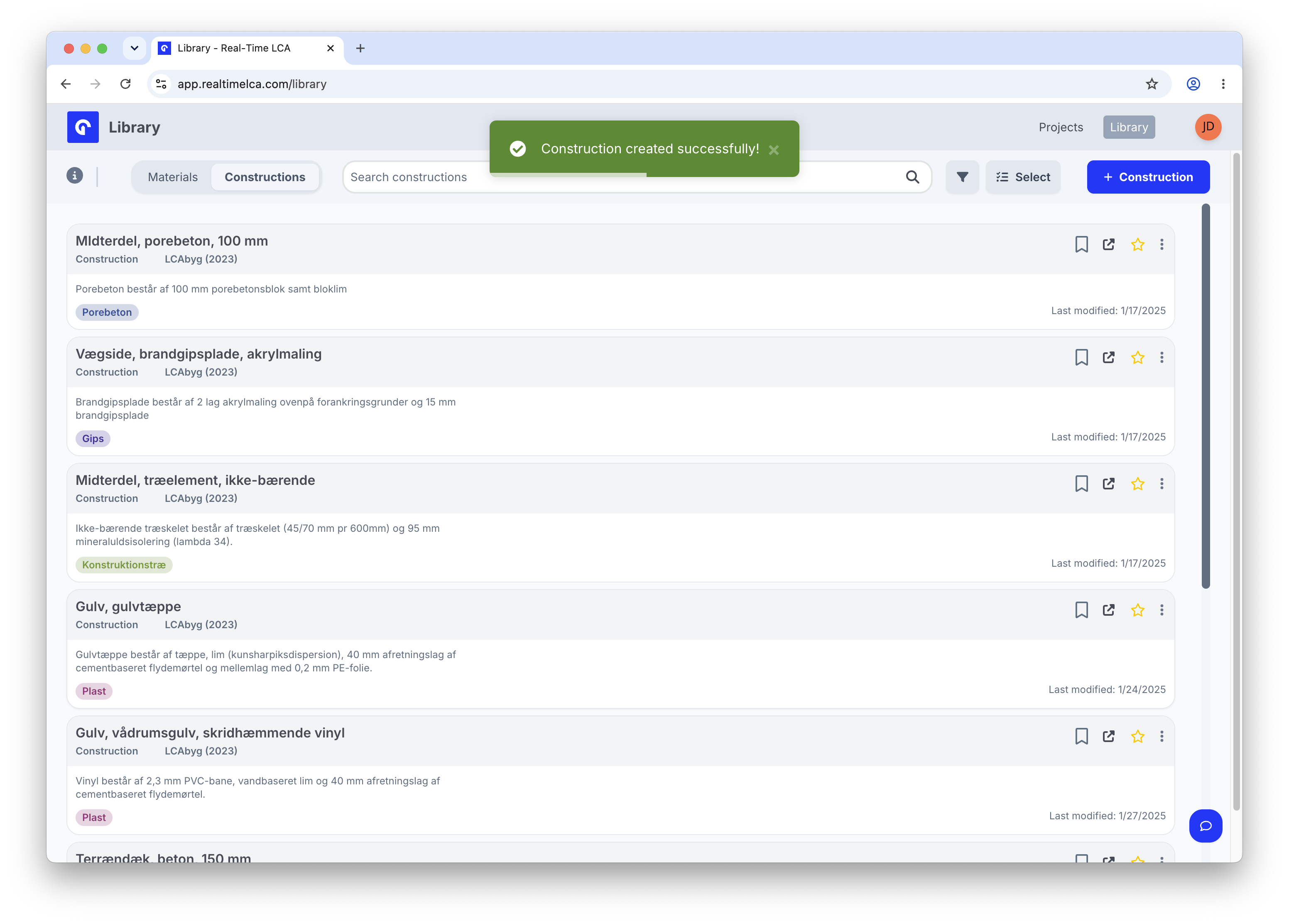 Library Constructions tab with a green 'Construction created successfully' toast at the top.