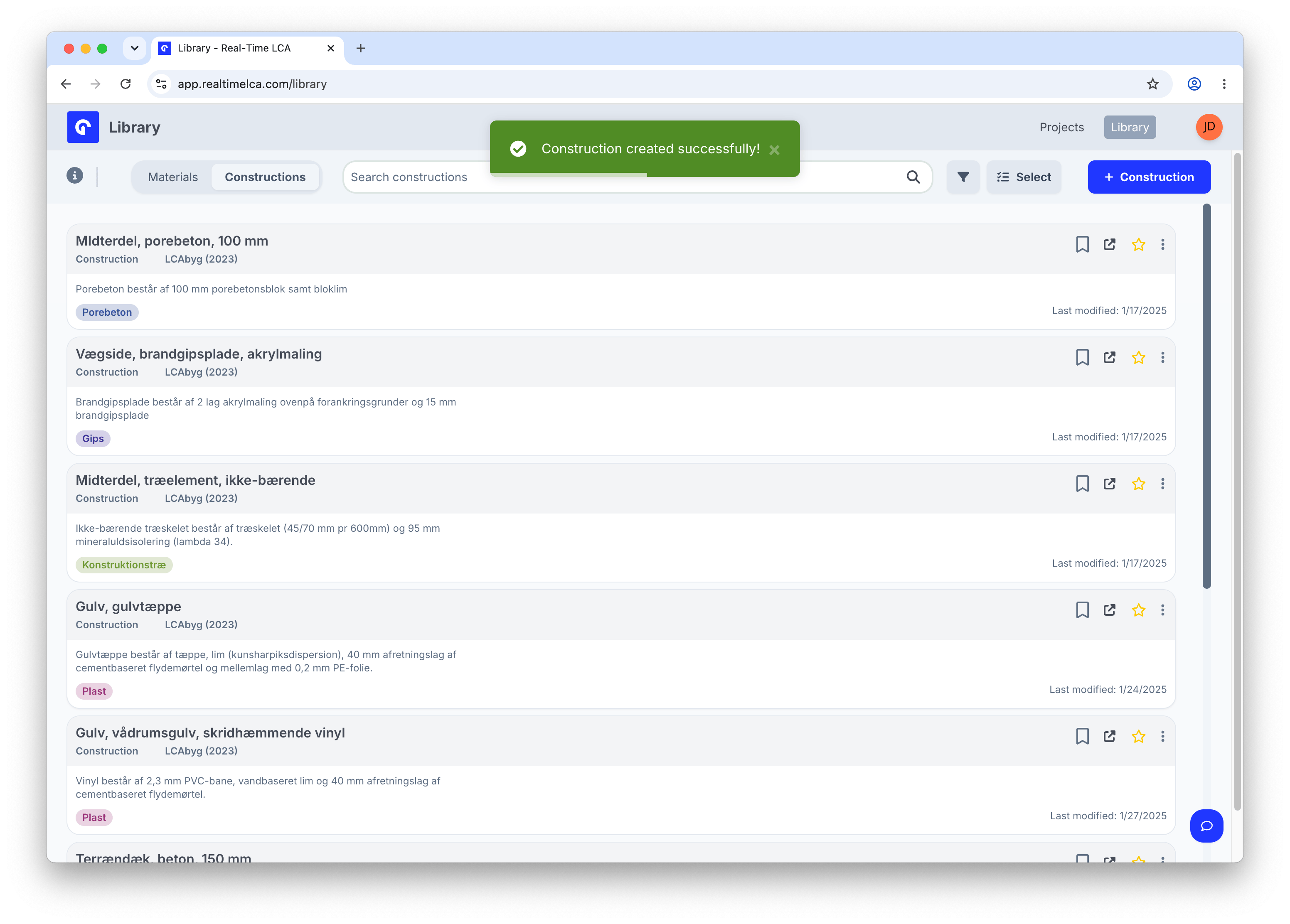 Library Constructions tab with a green 'Construction created successfully' toast at the top.
