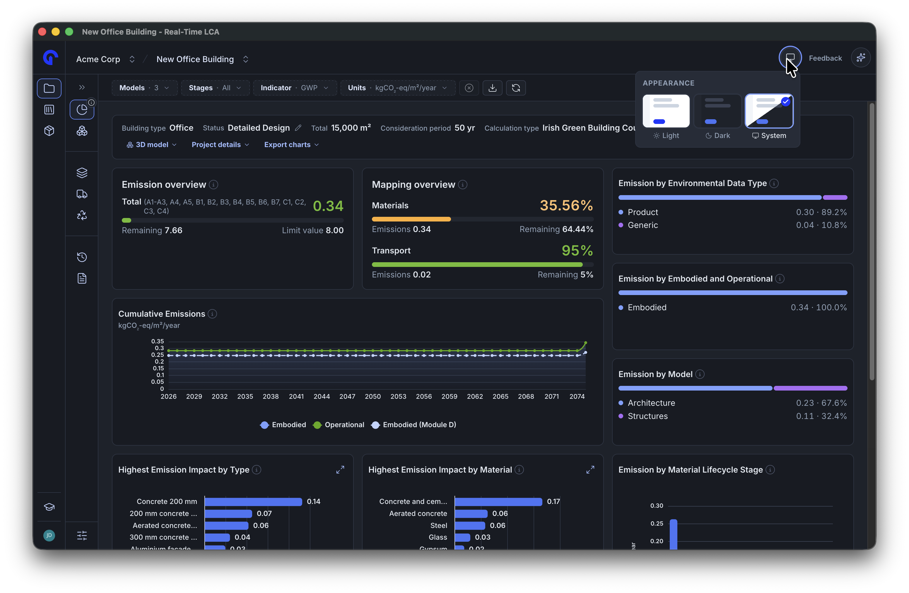 Project dashboard in dark mode with the Appearance menu open, offering Light, Dark, and System options.