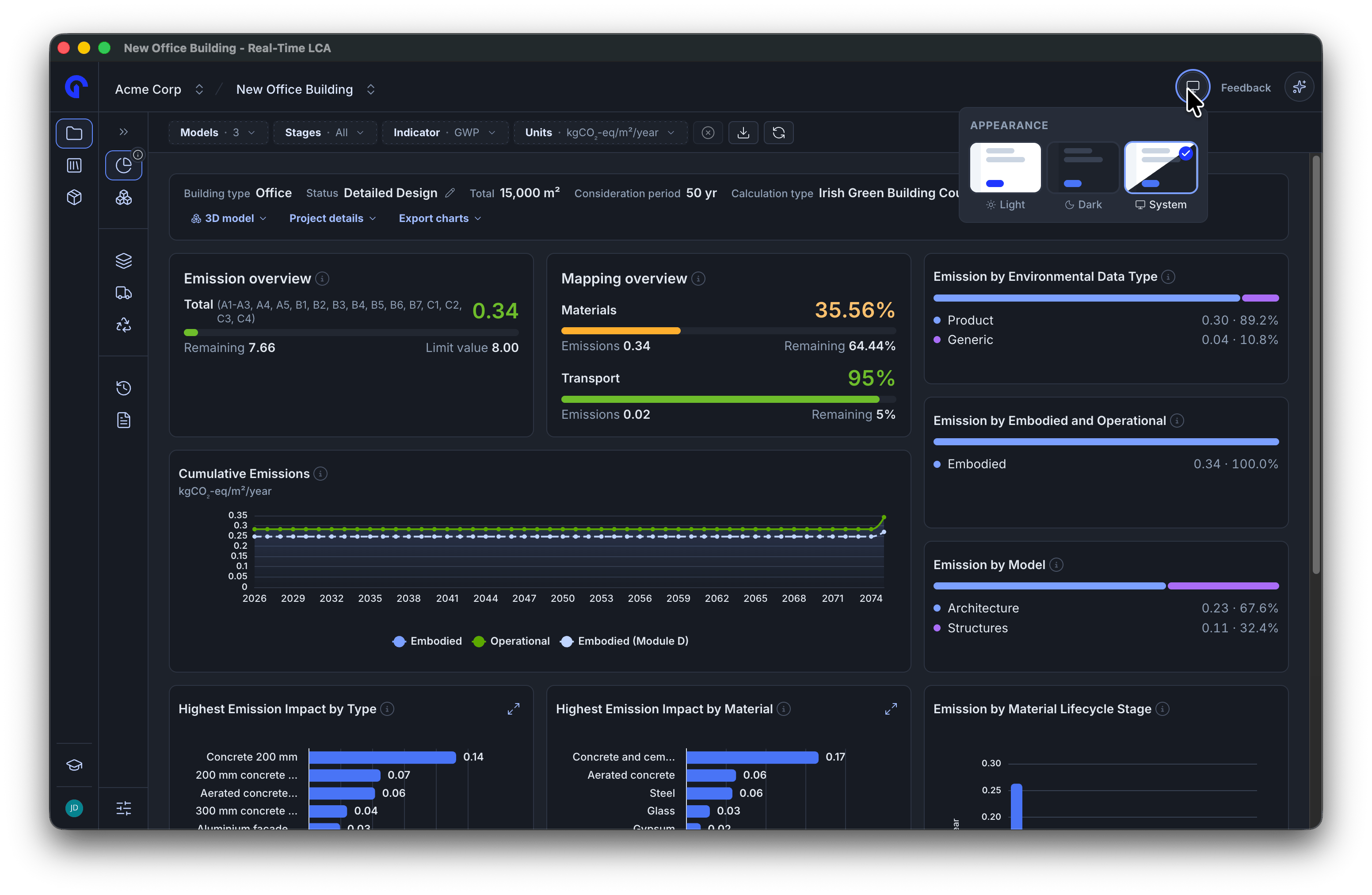 Project dashboard in dark mode with the Appearance menu offering Light, Dark, and System.