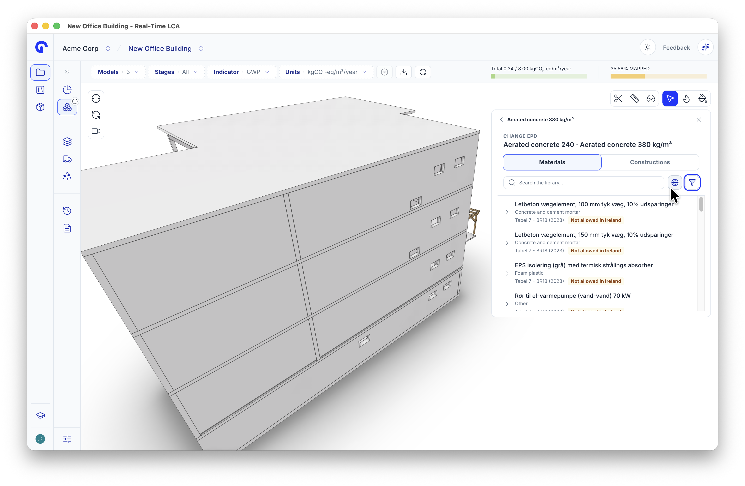 Change EPD panel in the viewer with a data source filter and results tagged Not allowed in Ireland.