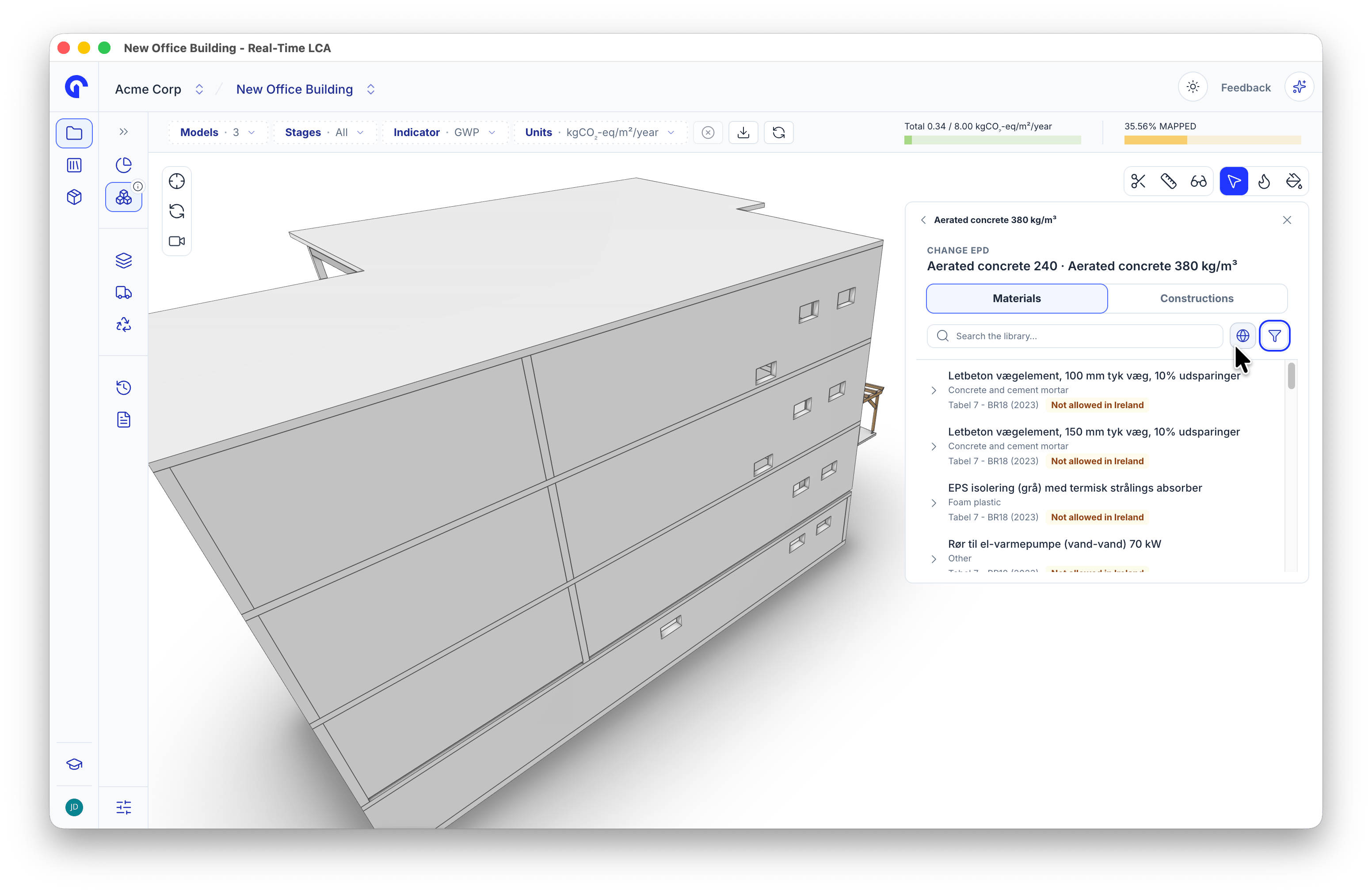Change EPD panel in the viewer with a data source filter and results tagged Not allowed in Ireland.