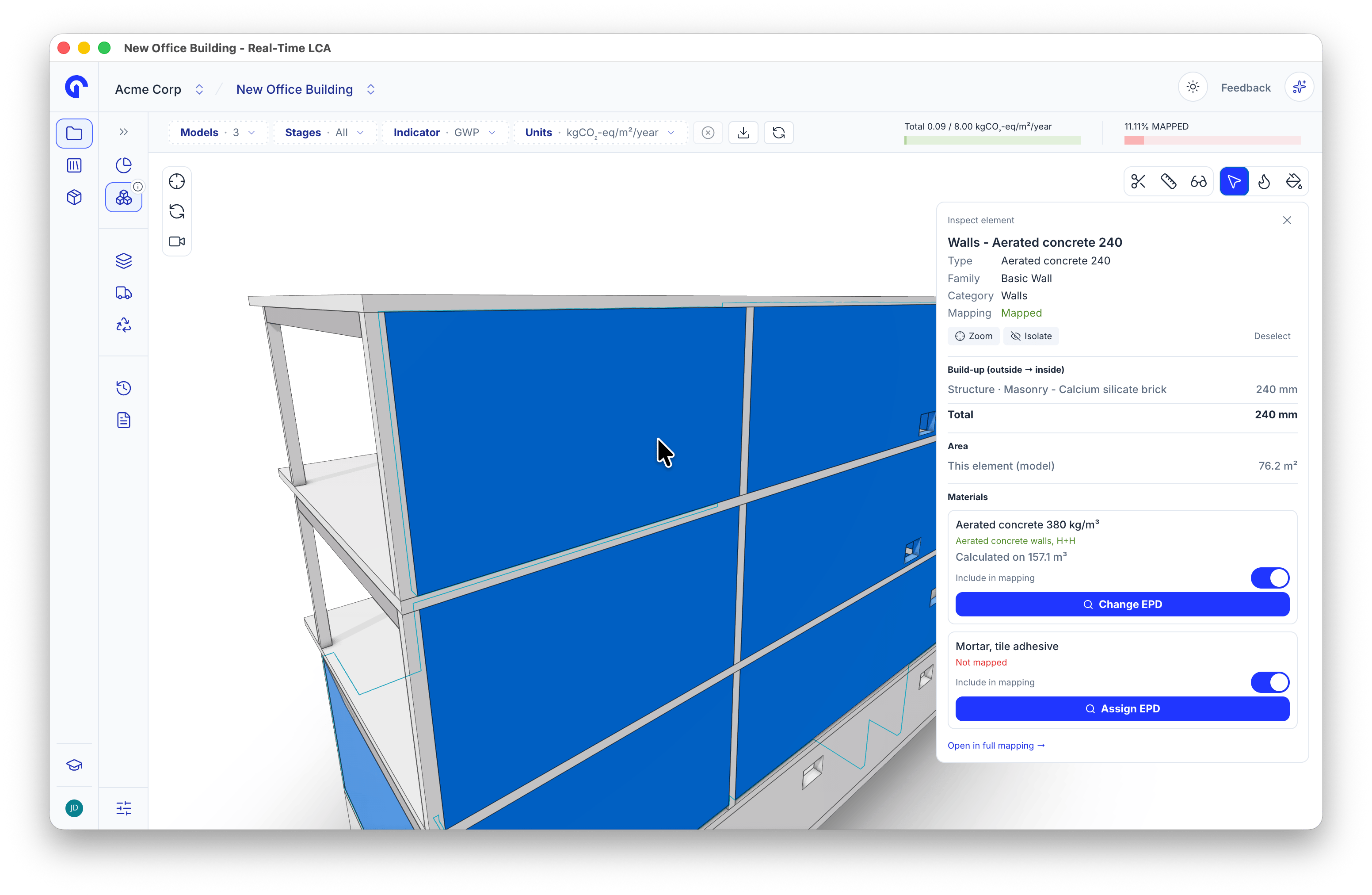 Inspect element panel showing the build-up of a wall from outside to inside with its total thickness.