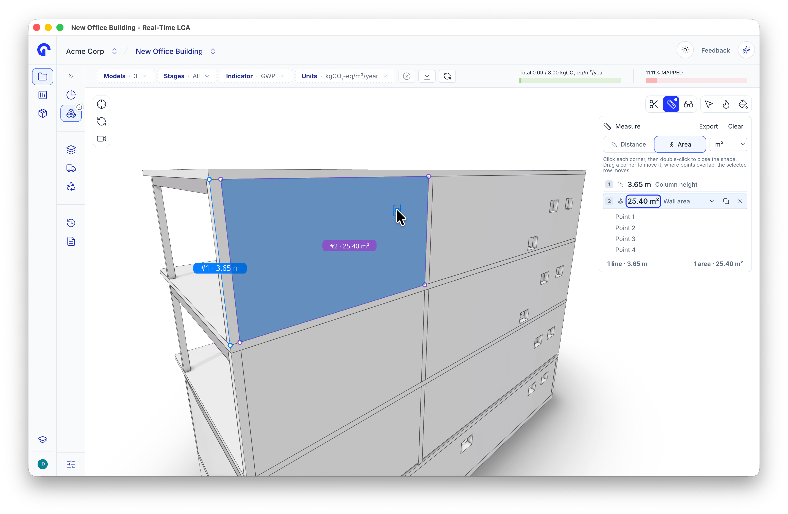 Measure panel in the 3D viewer listing a column height and a wall area, both labelled in the model.