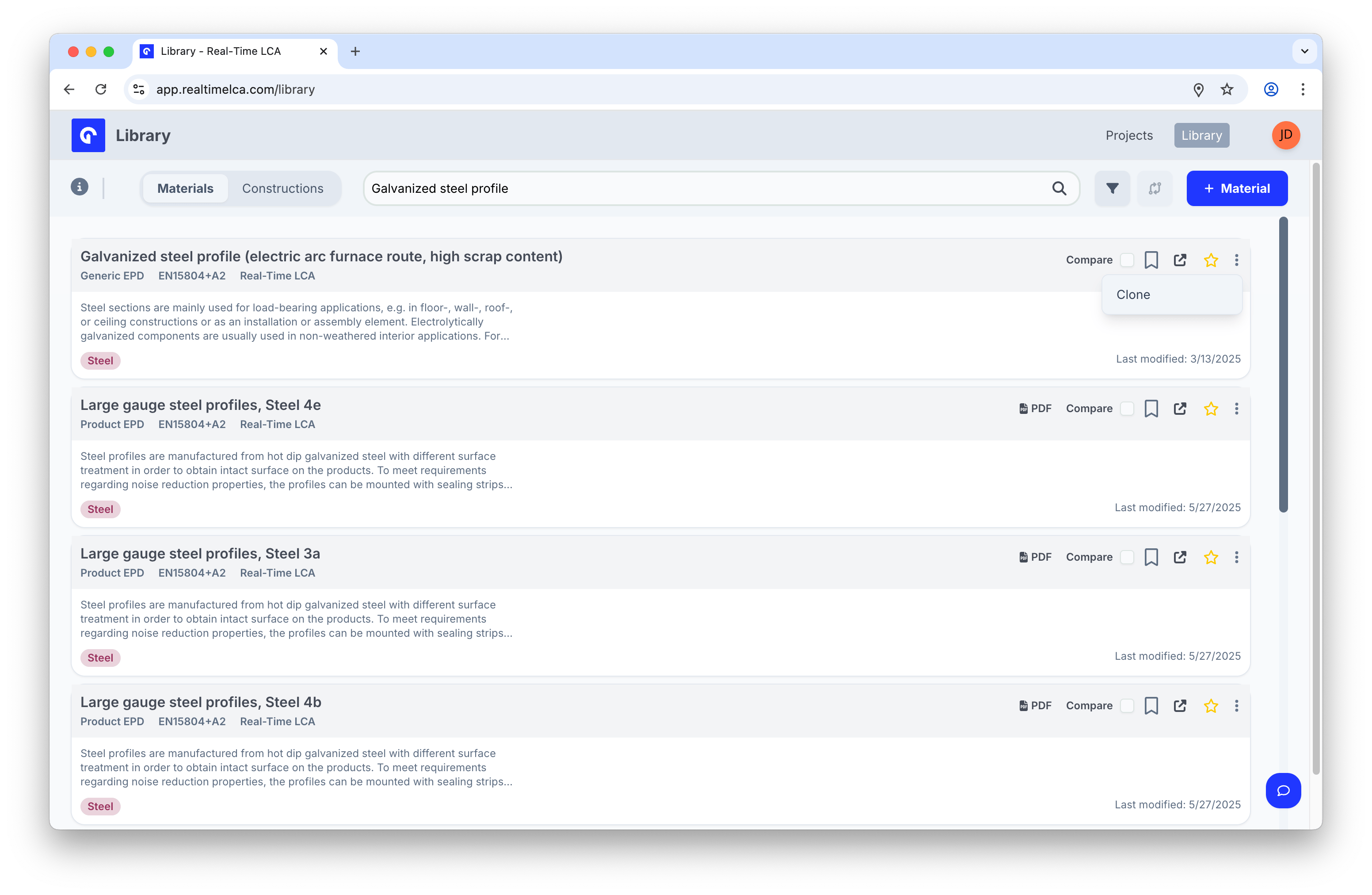 Overflow menu next to a material with a Clone action.