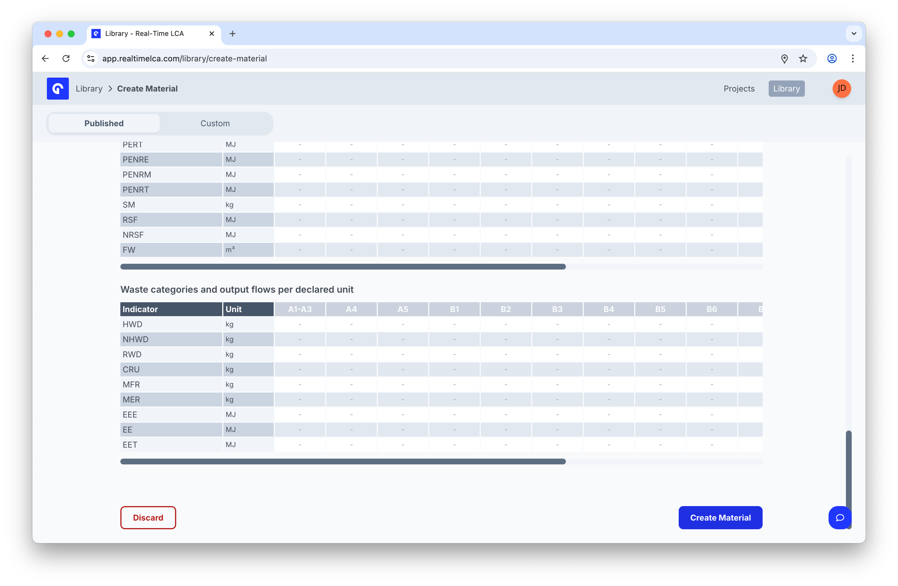Bottom of the Create Material form with Discard on the left and Create Material on the right.