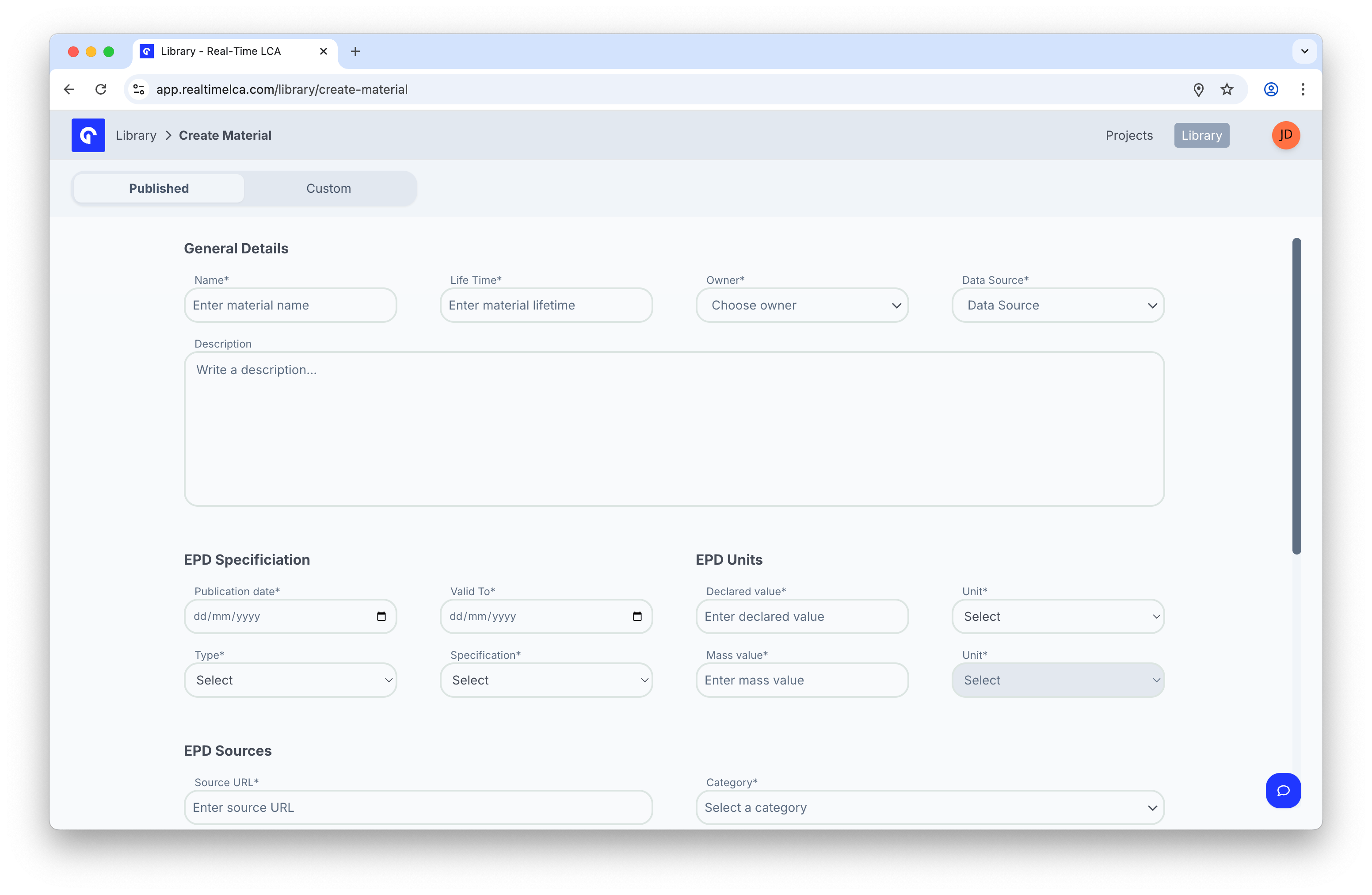 Create Material form with Published tab selected, showing General Details, EPD Specification, and EPD Units sections.