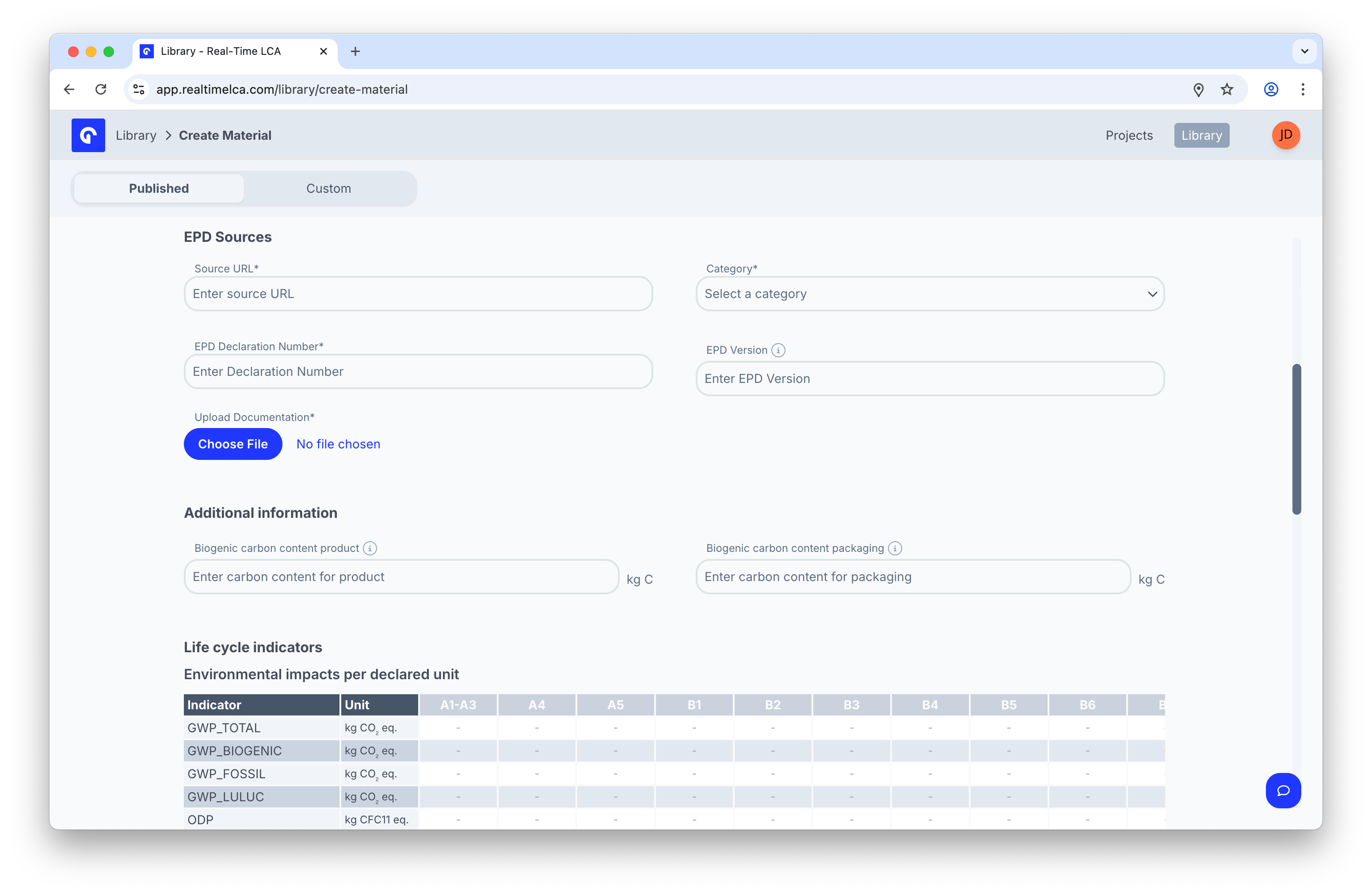 EPD Sources section with Source URL, Category, EPD Declaration Number, EPD Version, Upload Documentation; followed by Additional information for biogenic carbon and the Life cycle indicators table.