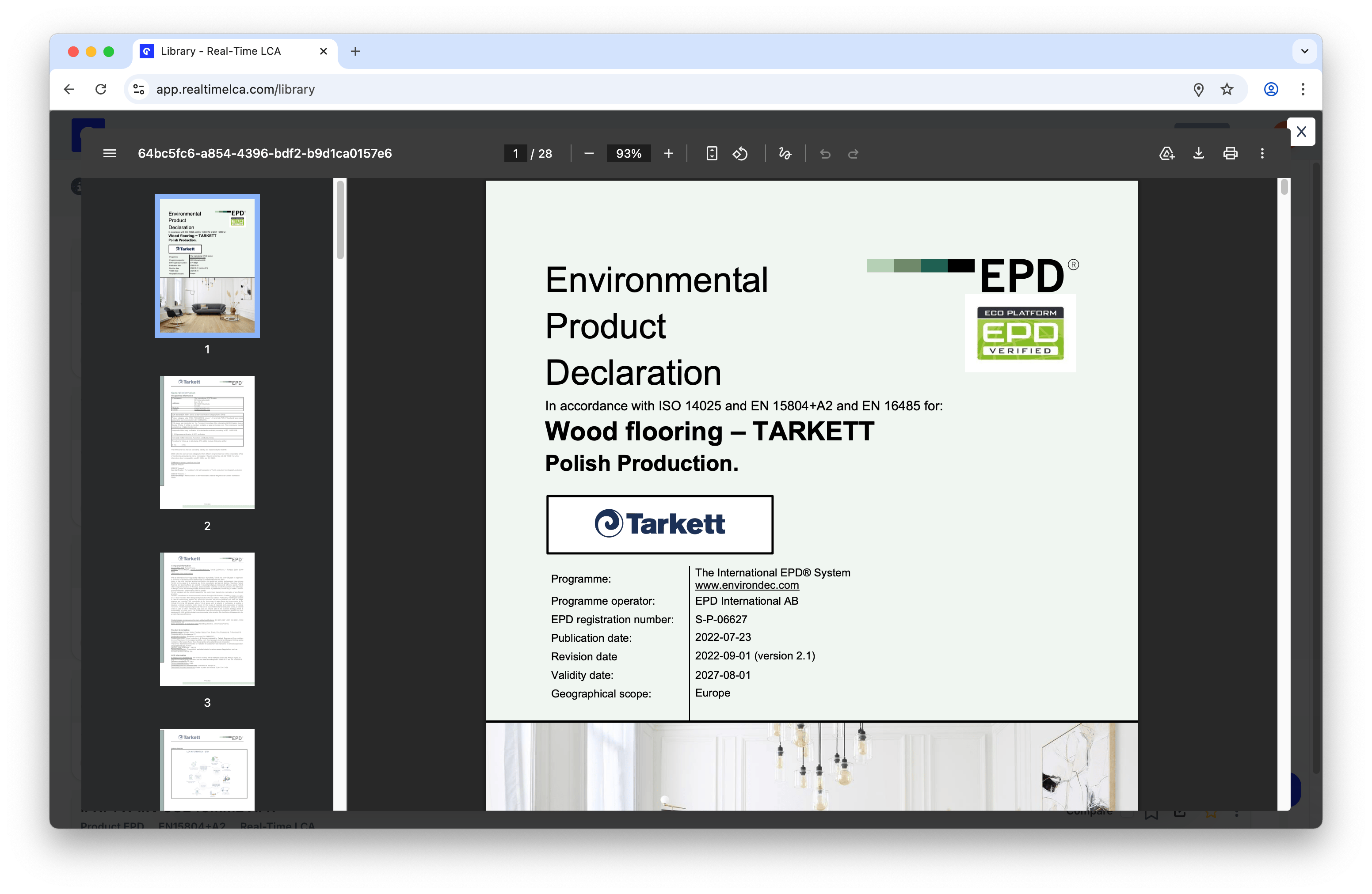 In-app PDF viewer showing an Environmental Product Declaration for Wood flooring – TARKETT.